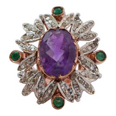 Amethyst, Emeralds, Diamonds, Rose Gold and Silver Ring.