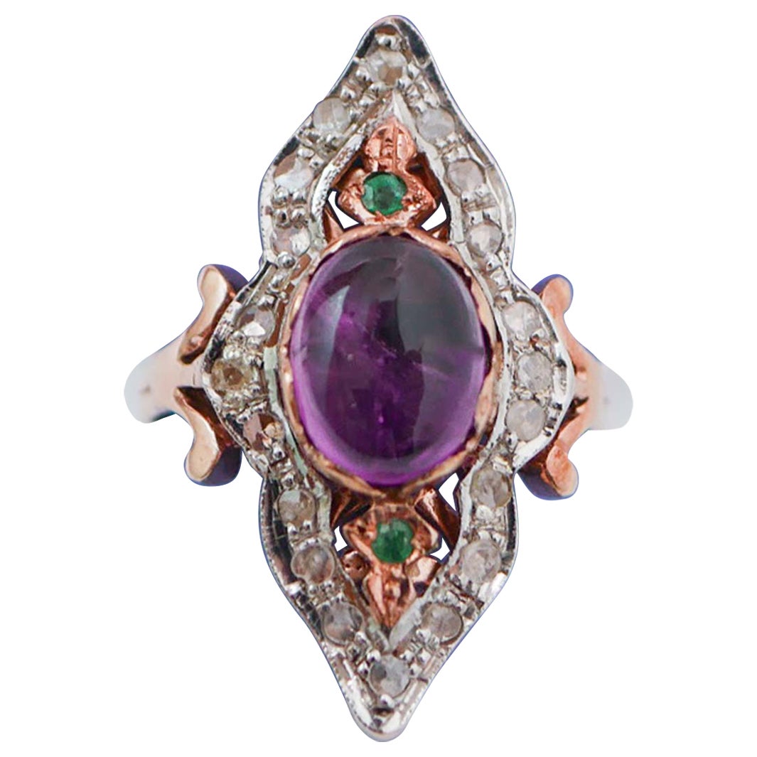 Amethyst, Emeralds, Diamonds, Rose Gold and Silver Ring.