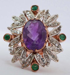Amethyst, Emeralds, Diamonds, Rose Gold and Silver Ring.