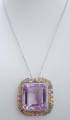 Amethyst, Emeralds, Multicolor Sapphires, Diamonds, 14 Karat White Gold Necklace