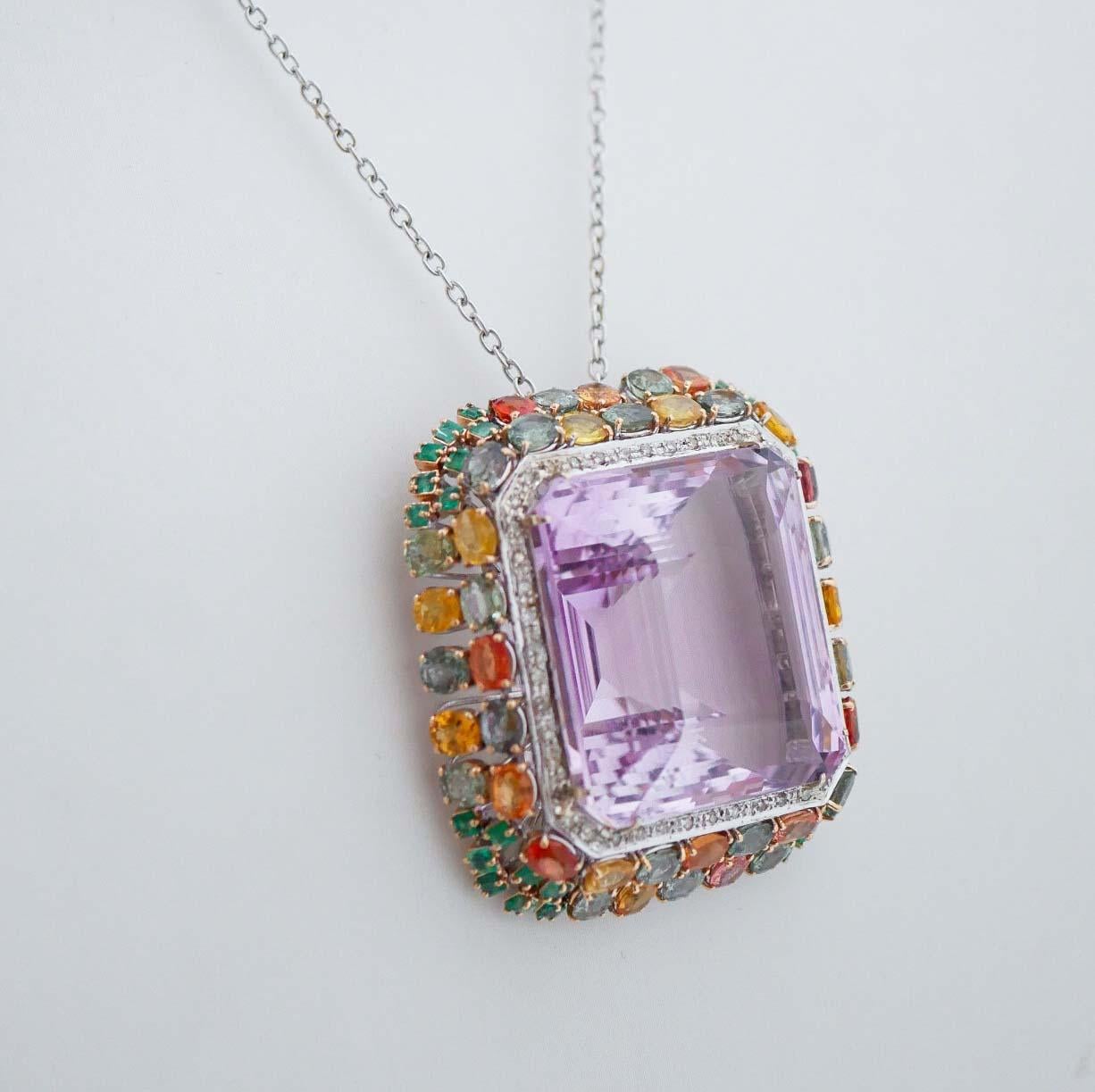 Rétro Ametista, smeraldi, zaffiri multicolore, diamanti, collana in oro bianco 14 carati in vendita