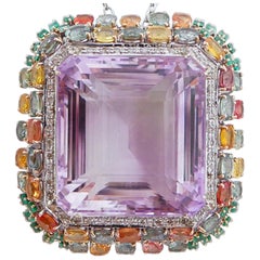 Amethyst, Emeralds, Multicolor Sapphires, Diamonds, 14 Karat White Gold Necklace