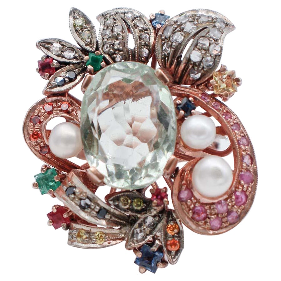 Amthyste, meraudes, saphirs, rubis, diamants, perles, bague en or et argent 9 carats