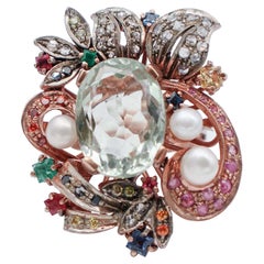 Amethyst, Emeralds, Sapphires, Rubies, Diamonds, Pearls, 9Kt Gold and Silver Ring