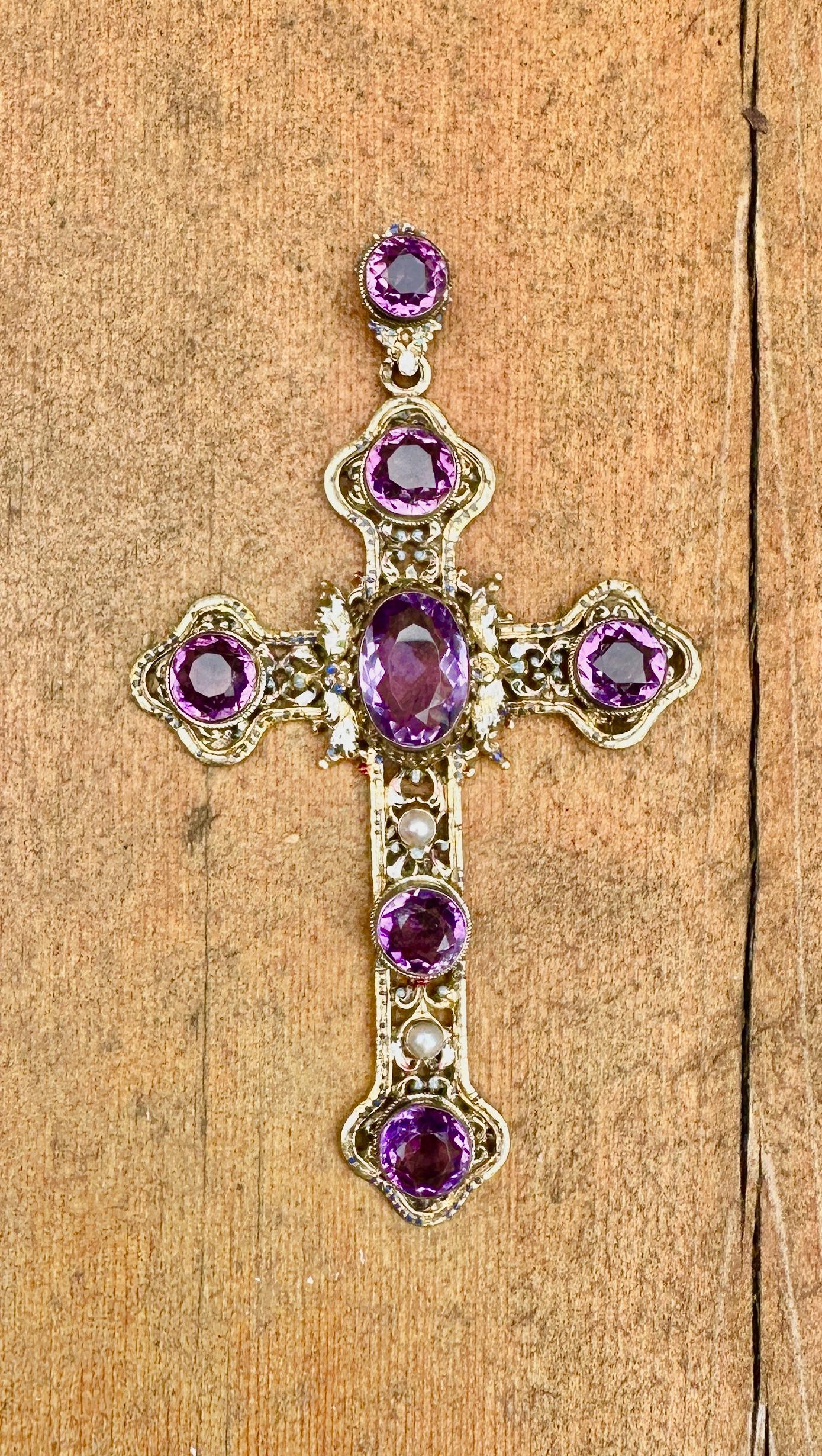 Amethyst Enamel Cross Pendant Necklace 5 Inch 20 CT Austro-Hungarian Renaissance In Good Condition In New York, NY