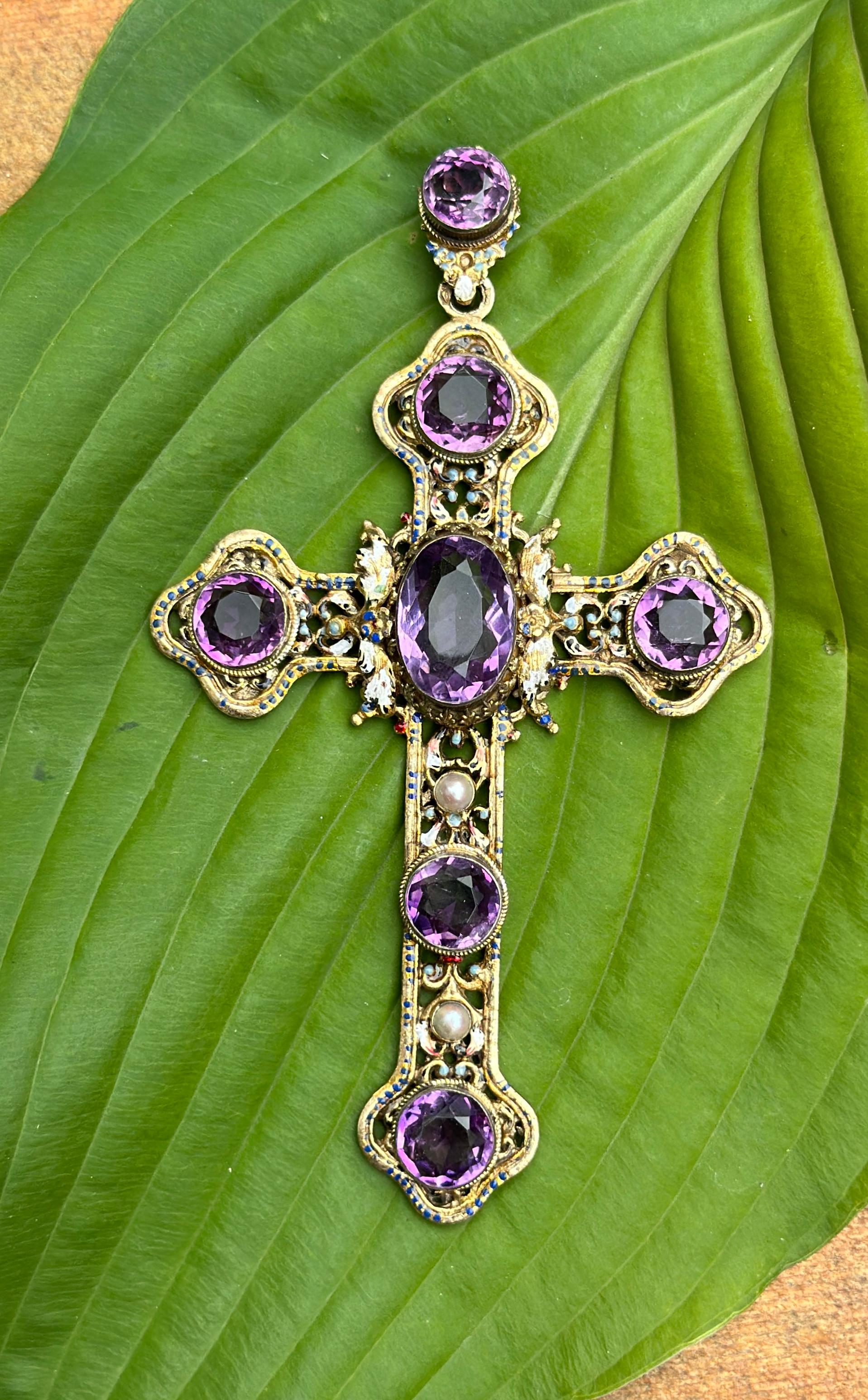 Oval Cut Amethyst Enamel Cross Pendant Necklace 5 Inch 20 CT Austro-Hungarian Renaissance