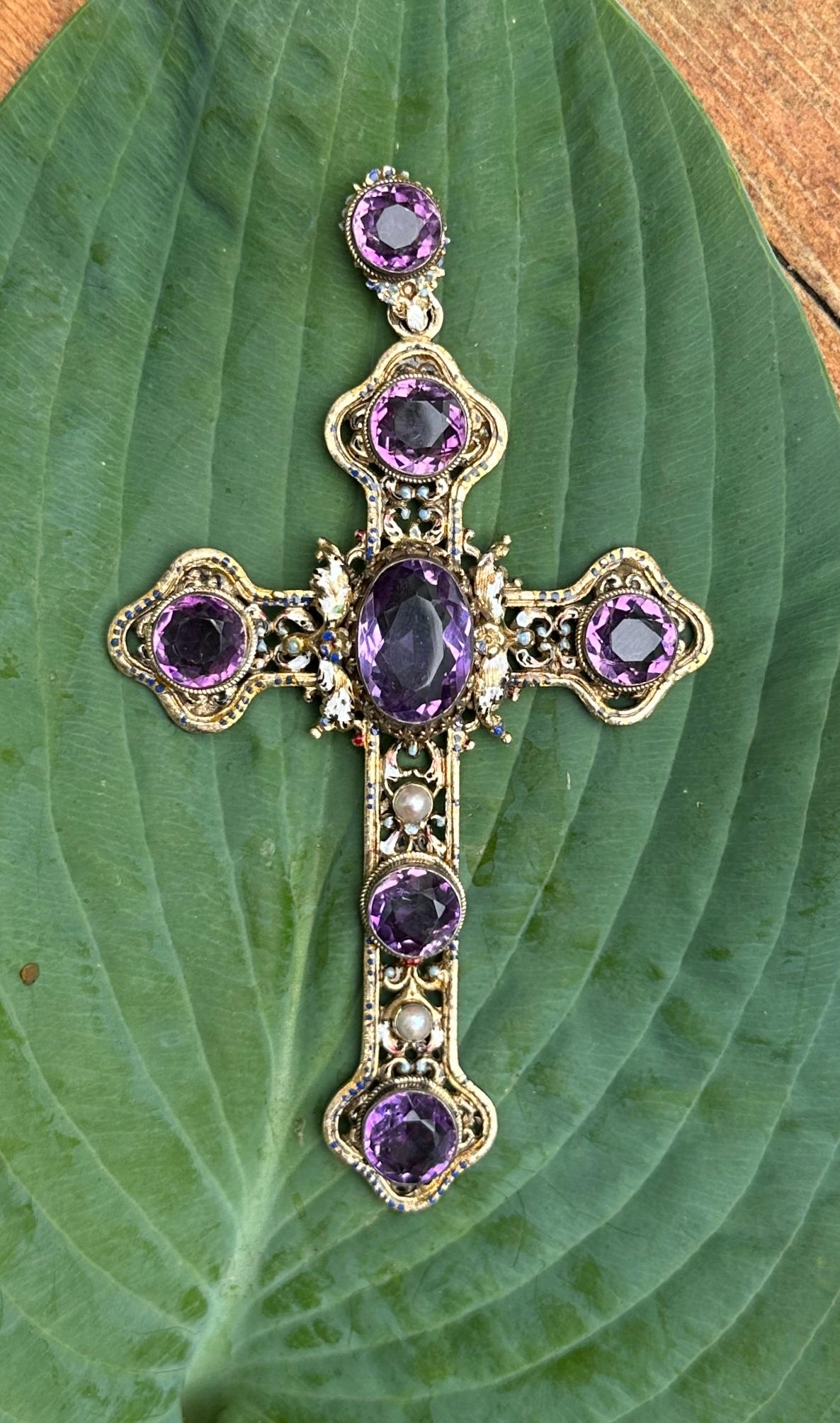 Amethyst Enamel Cross Pendant Necklace 5 Inch 20 CT Austro-Hungarian Renaissance 1
