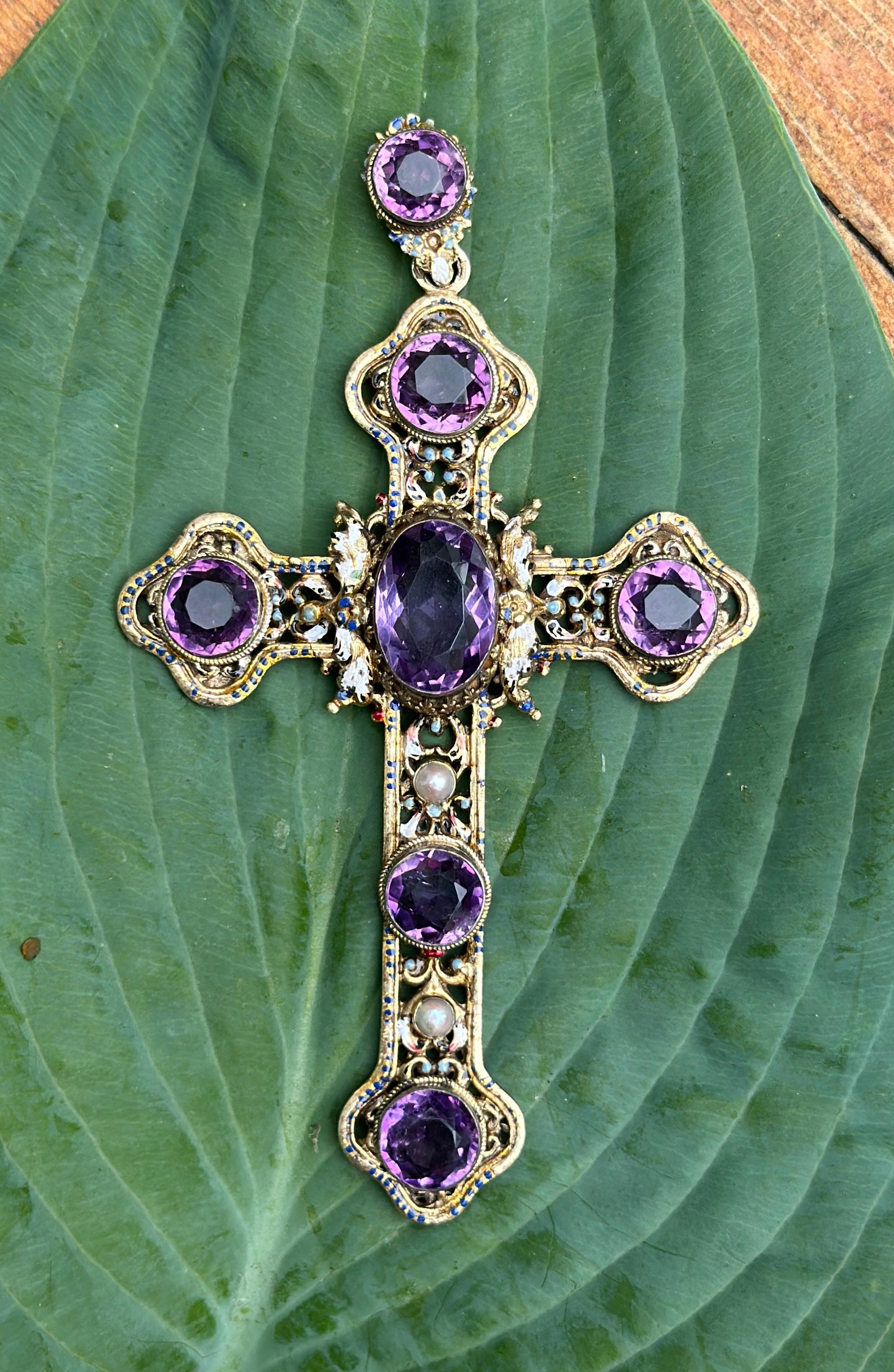 Amethyst Enamel Cross Pendant Necklace 5 Inch 20 CT Austro-Hungarian Renaissance 2