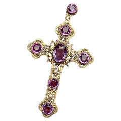 Amethyst Enamel Cross Pendant Necklace 5 Inch 20 CT Austro-Hungarian Renaissance