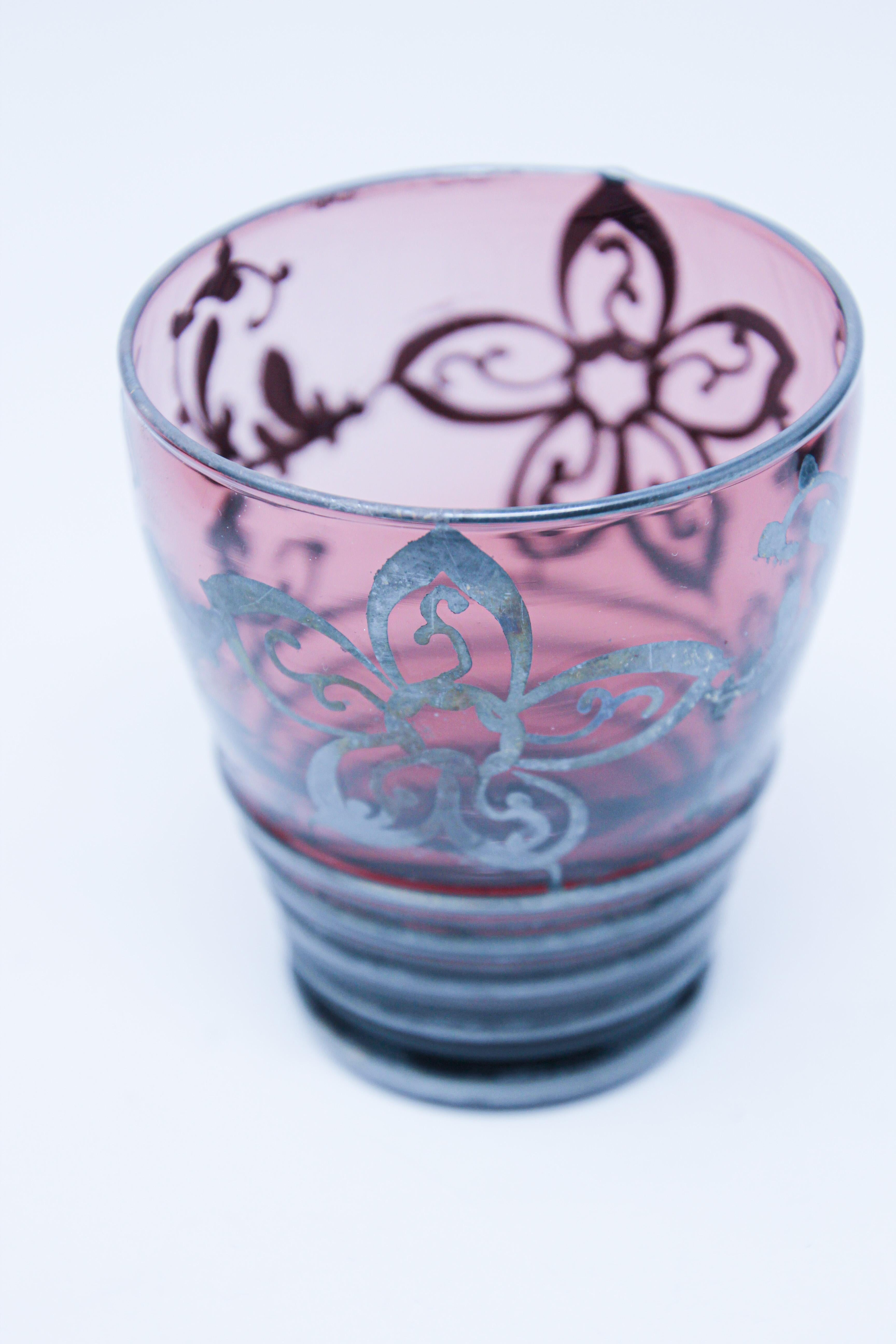 Likörset mit Dekanter und sechs Gläsern aus böhmischem Glas mit Amethyst emailliert im Angebot 2