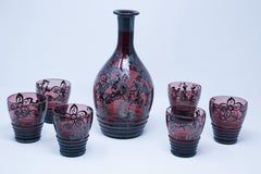 Amethyst Enameled Bohemian Glass Liquor Set Decanter and Six Glasses
