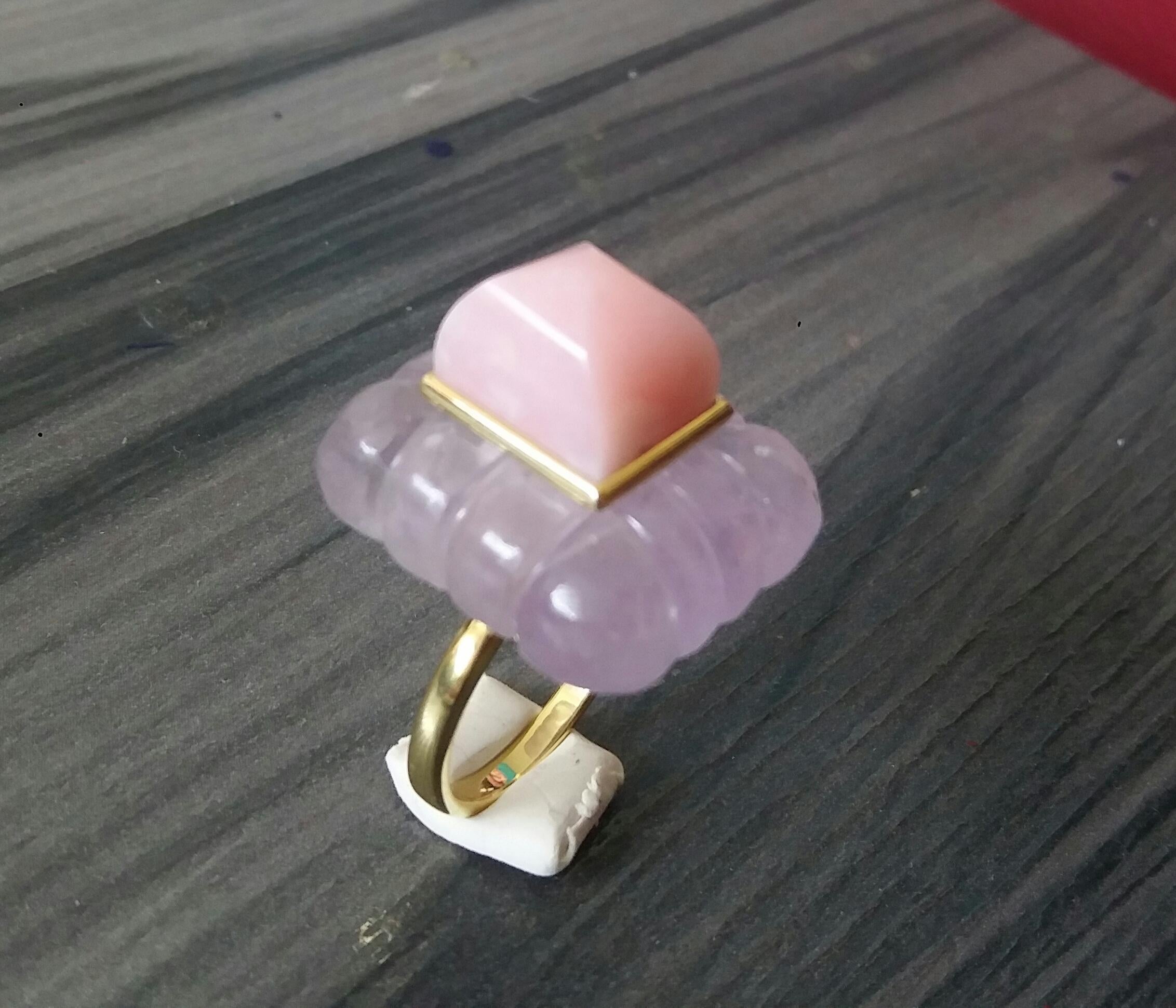 Bague rectangulaire en or massif 14 carats avec pyramide d'opale rose coussin gravée et d'améthyste en vente 6