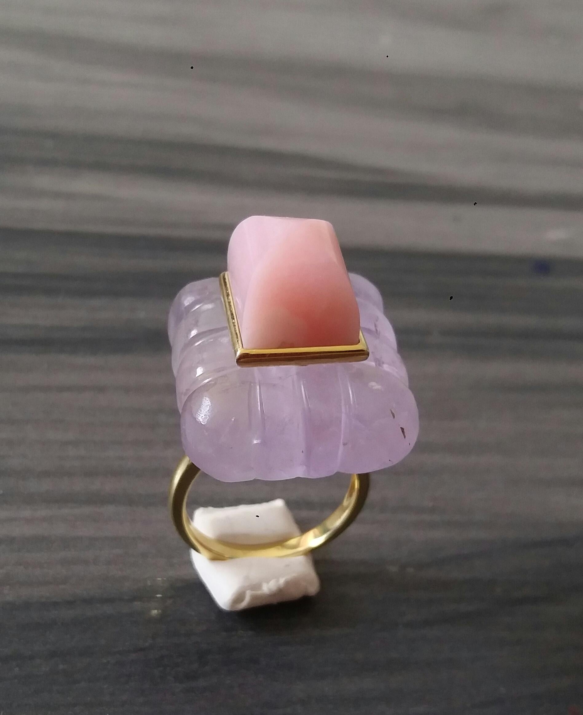 Bague rectangulaire en or massif 14 carats avec pyramide d'opale rose coussin gravée et d'améthyste en vente 7