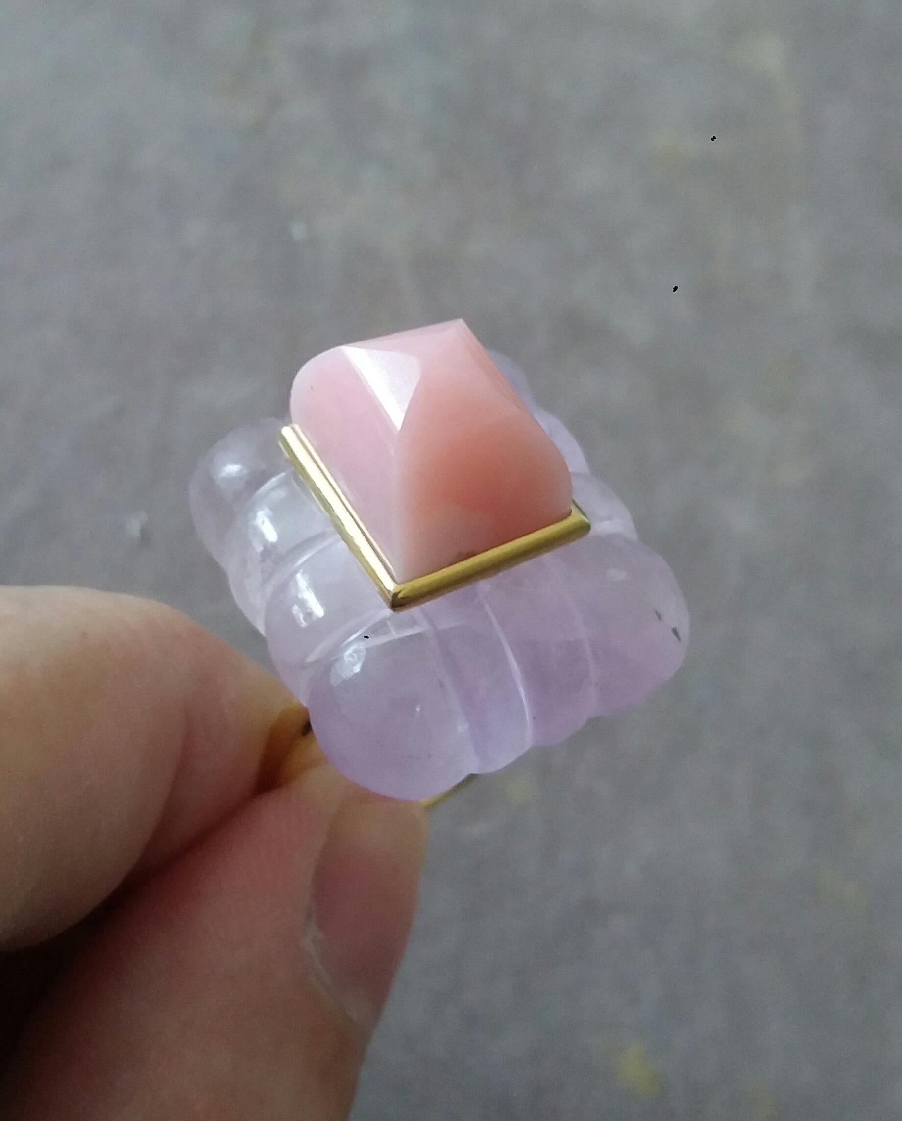 Bague rectangulaire en or massif 14 carats avec pyramide d'opale rose coussin gravée et d'améthyste Pour femmes en vente