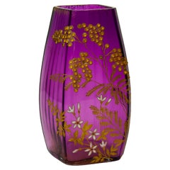 Ernest Baptiste Leveille Vase en verre avec Mimosas doré et émaillé