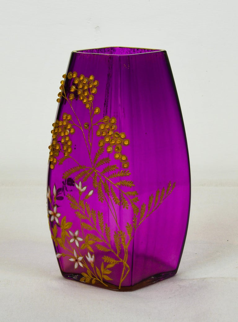 Ernest Baptiste Leveille Glass Vase with Gilt and Enamel Mimosas For