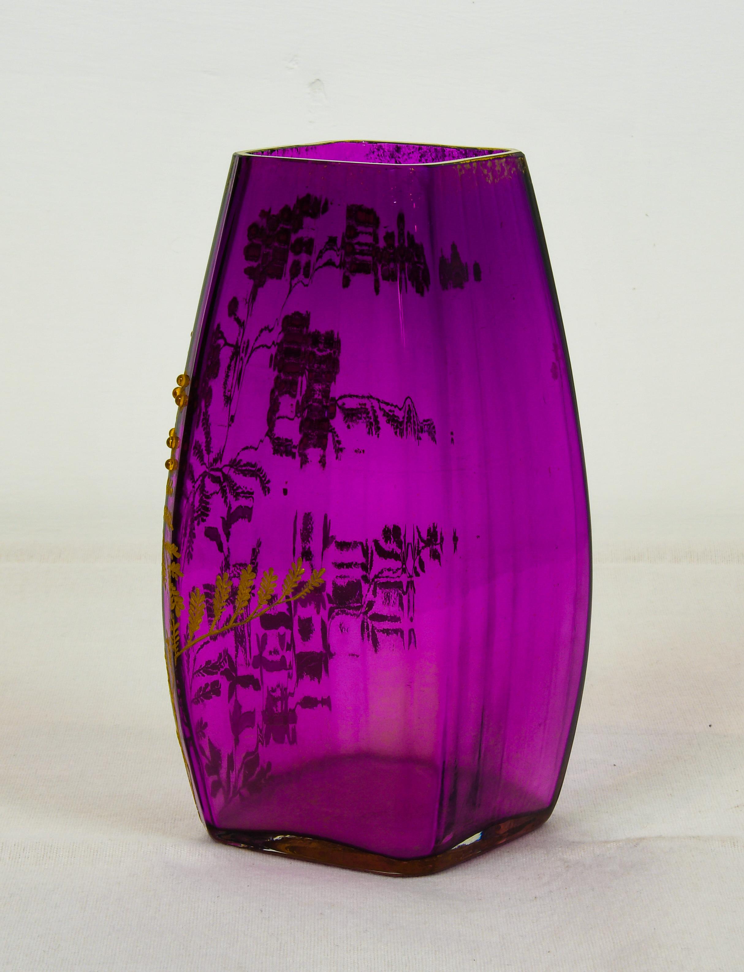 Hand-Painted Ernest Baptiste Leveille Glass Vase with Gilt and Enamel Mimosas  For Sale