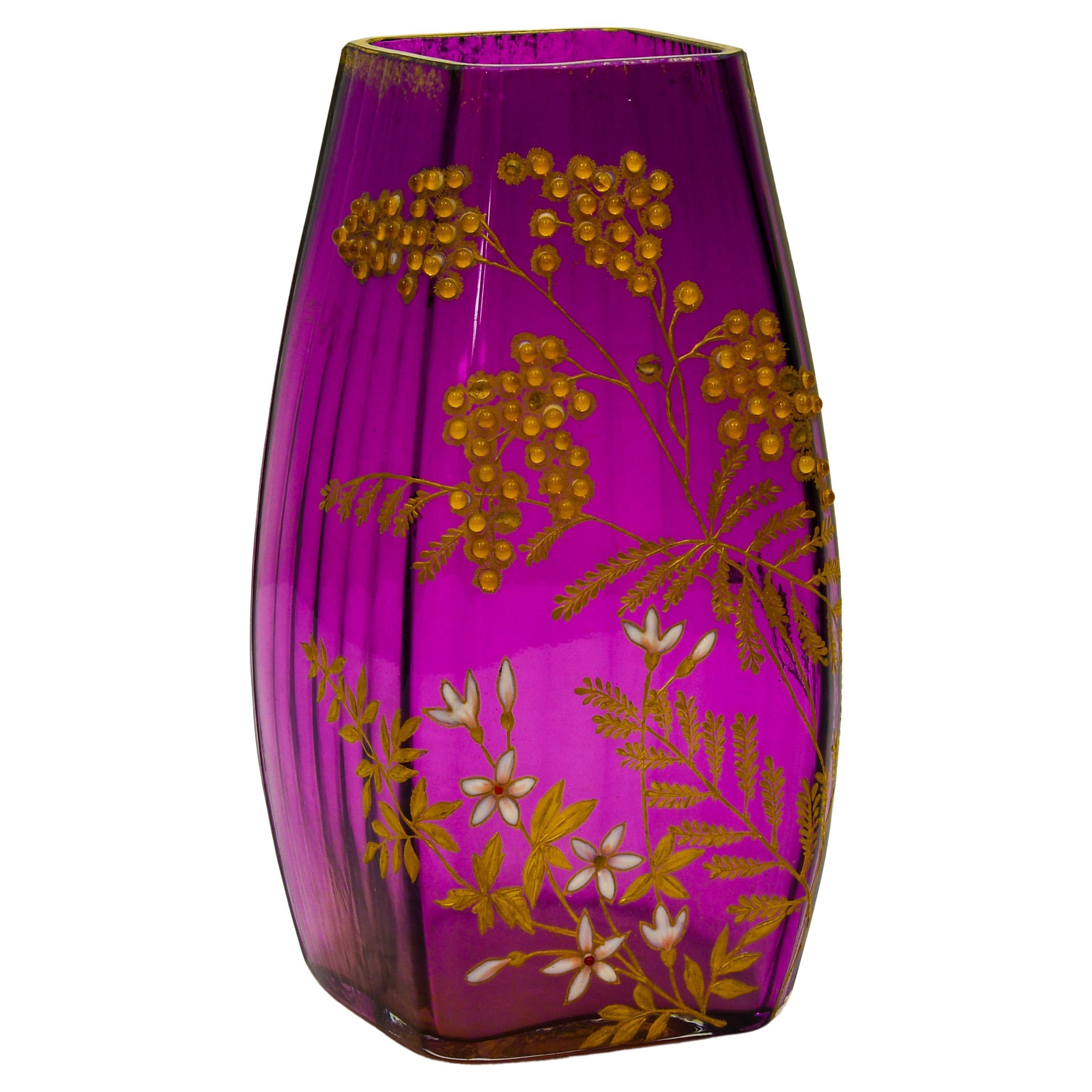 Ernest Baptiste Leveille Glass Vase with Gilt and Enamel Mimosas 