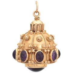 Amethyst Etruscan Style Large Charm Vintage 14 Karat Gold Pendant Gemstone