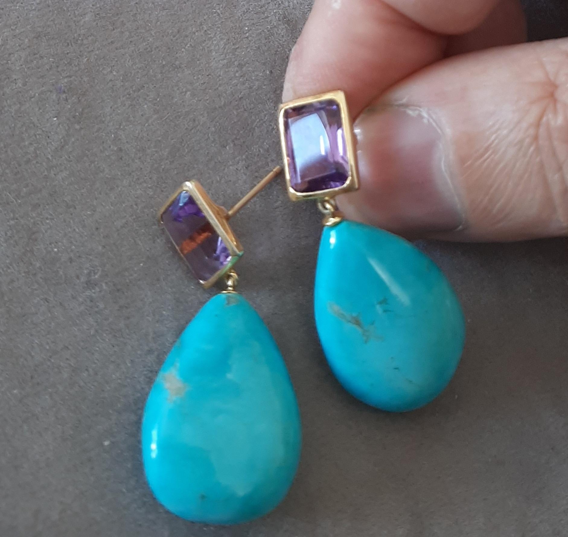 Amatista Facetada Octágono Turquesa Genuina Gotas Lisas Oro Amarillo Macizo 14k en venta 4