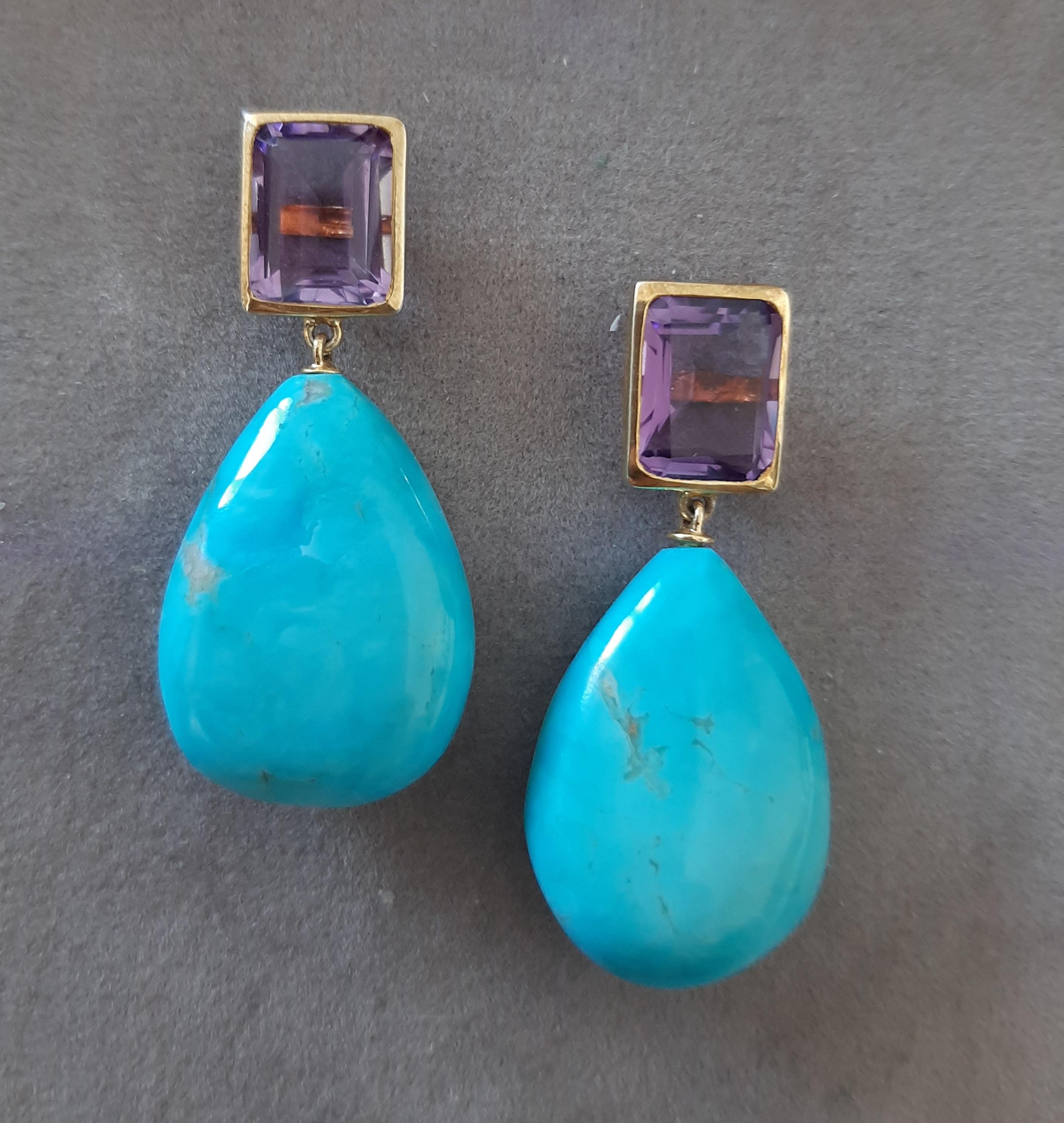Amatista Facetada Octágono Turquesa Genuina Gotas Lisas Oro Amarillo Macizo 14k en venta 6