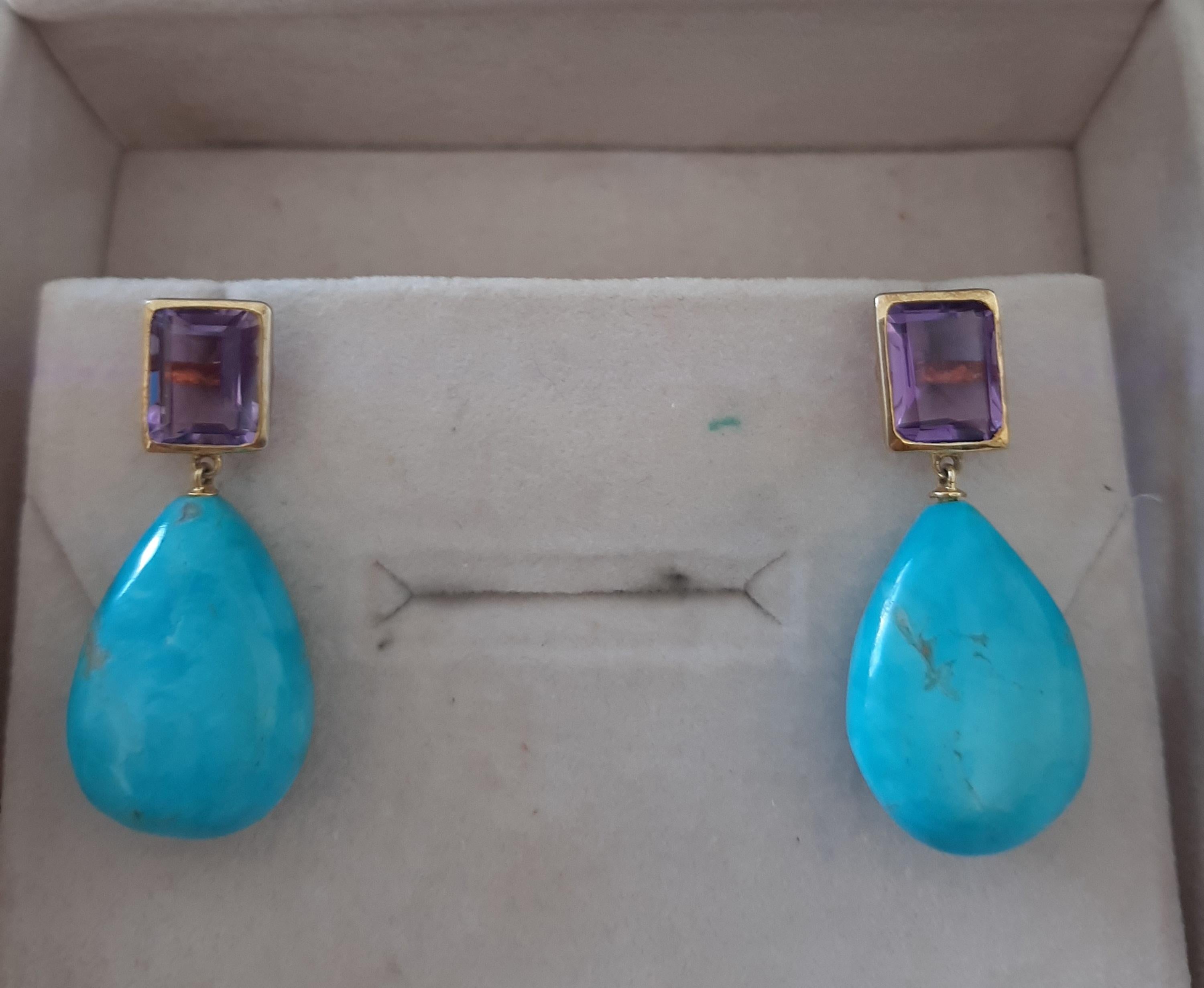 De las mujeres Amatista Facetada Octágono Turquesa Genuina Gotas Lisas Oro Amarillo Macizo 14k en venta