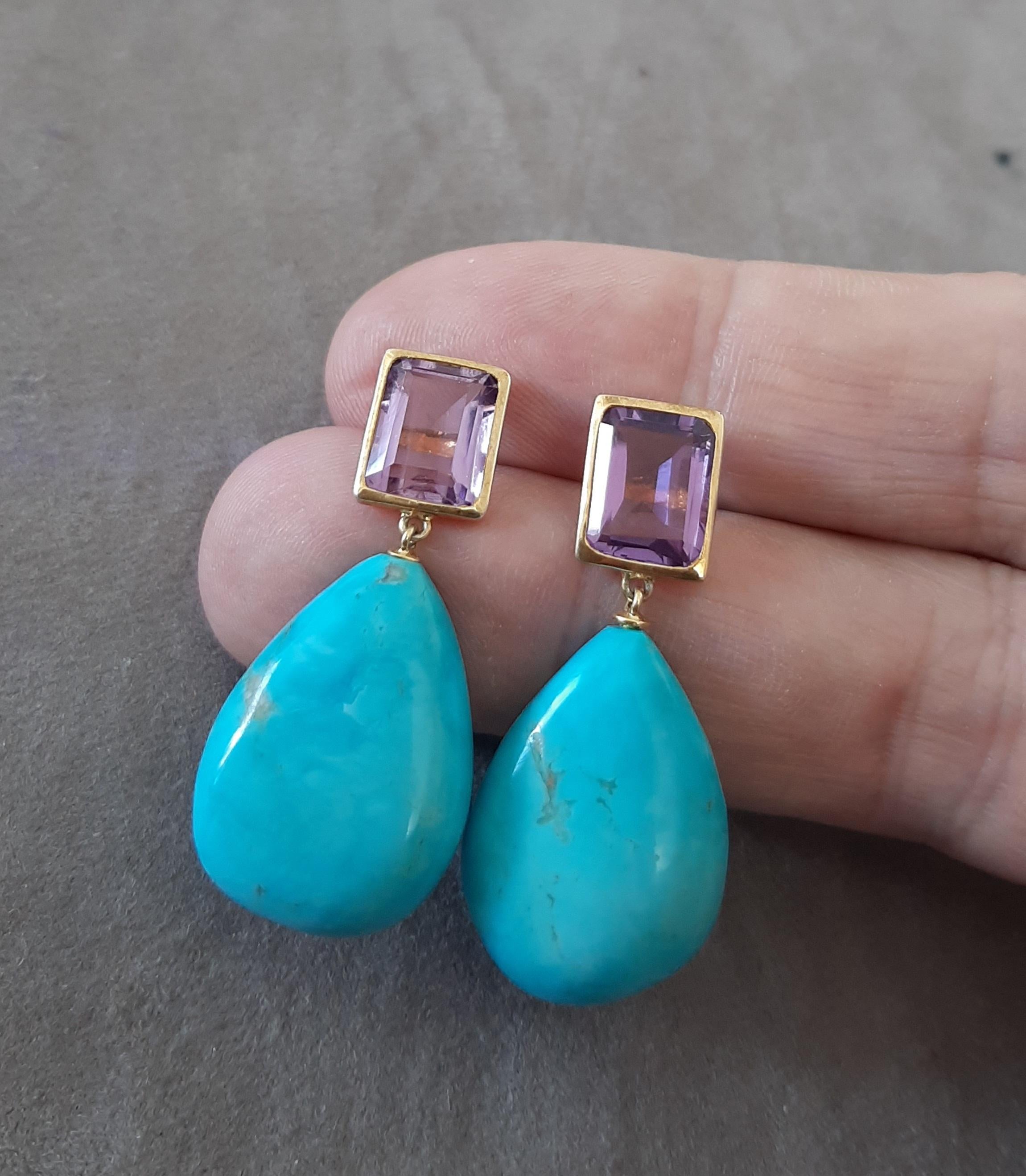 Amatista Facetada Octágono Turquesa Genuina Gotas Lisas Oro Amarillo Macizo 14k en venta 3