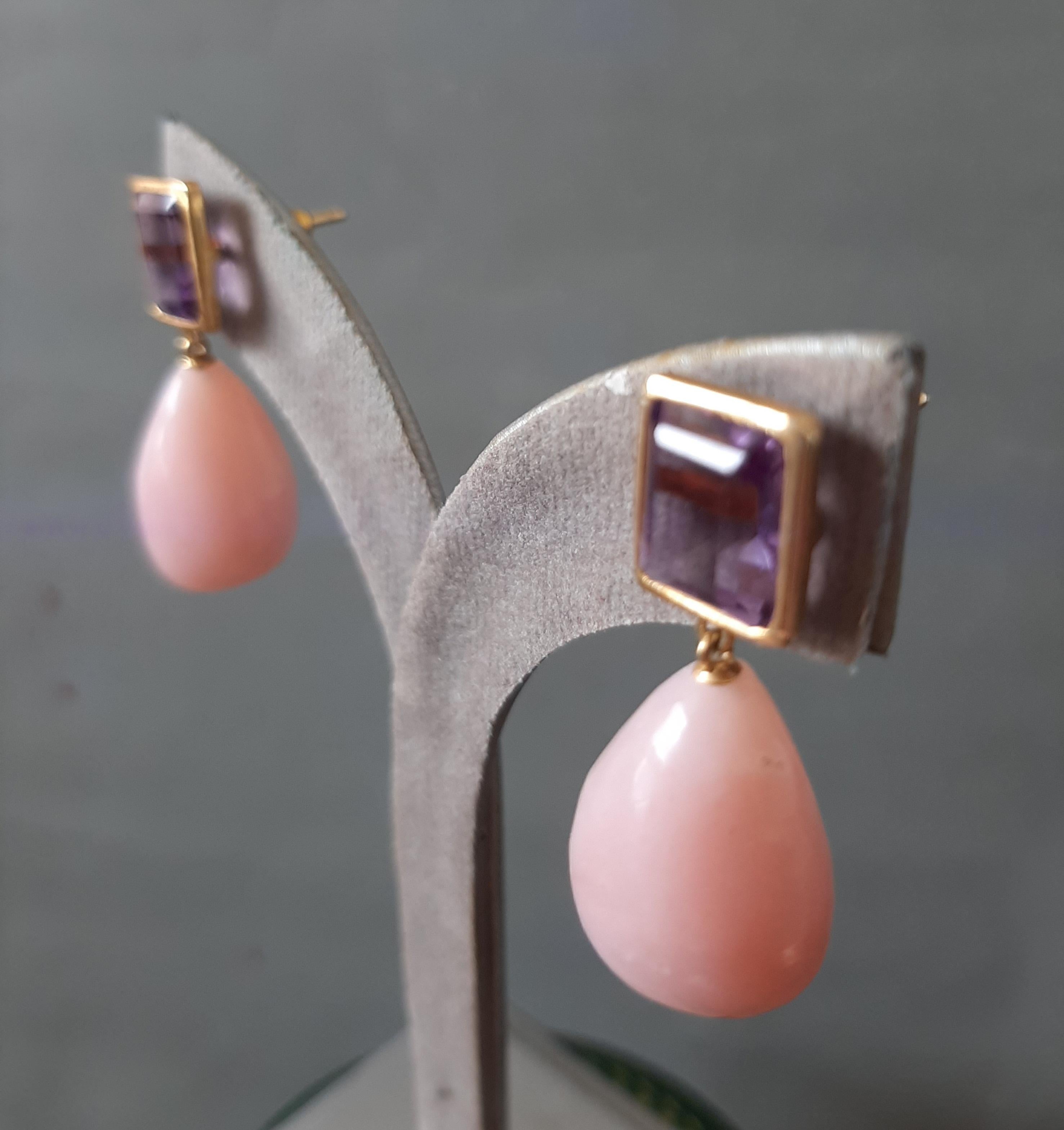 Taille mixte Améthyste à facettes en forme d'octogone Opale rose Gouttes d'eau en or jaune massif 14k en vente