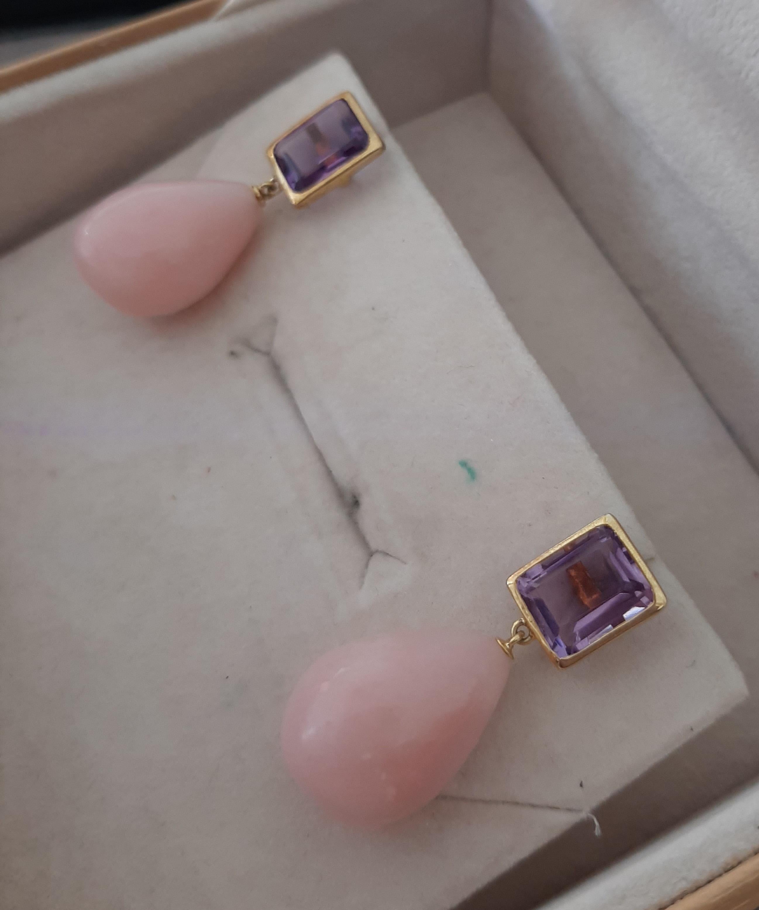 Améthyste à facettes en forme d'octogone Opale rose Gouttes d'eau en or jaune massif 14k Pour femmes en vente
