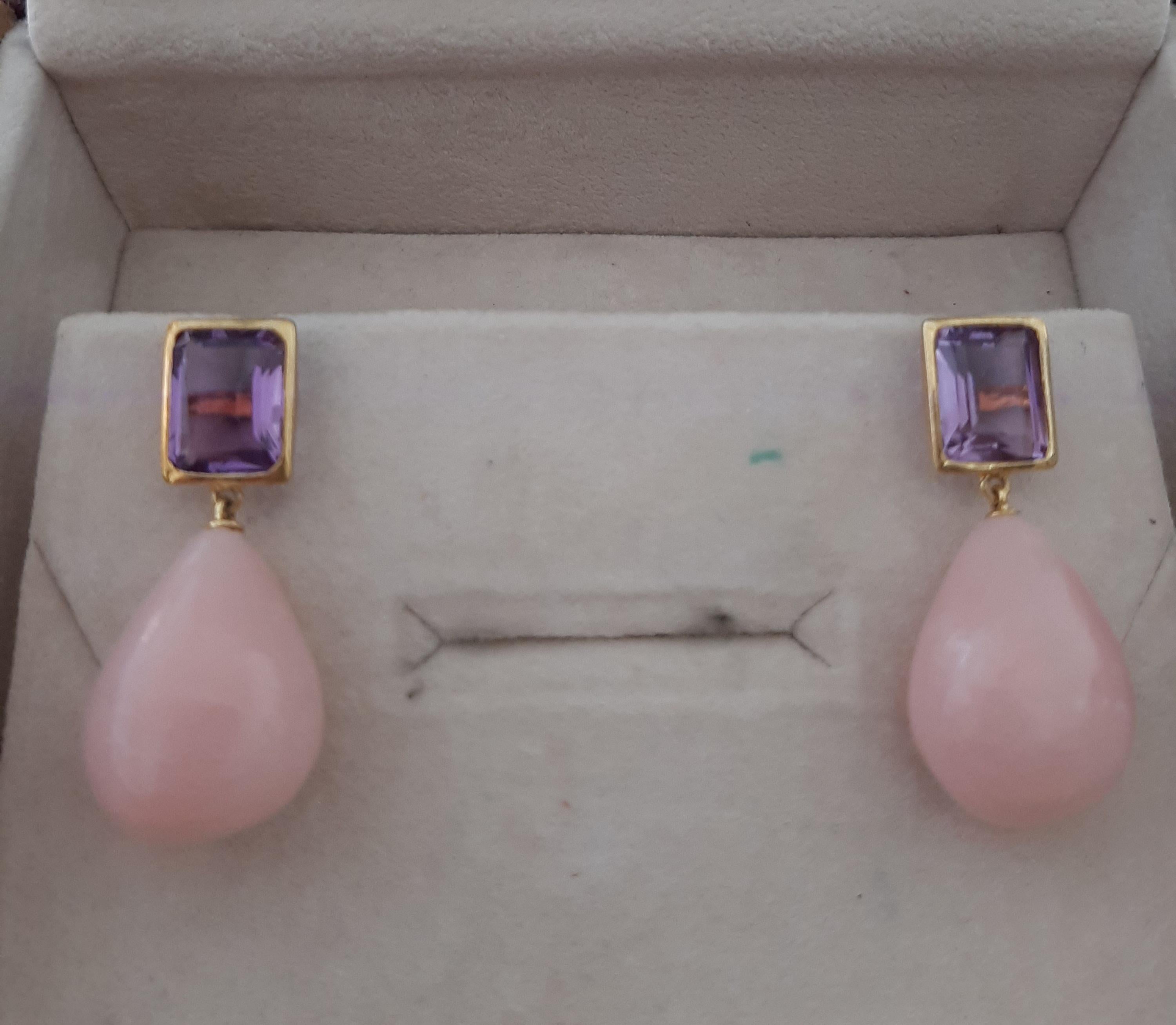 Améthyste à facettes en forme d'octogone Opale rose Gouttes d'eau en or jaune massif 14k en vente 1