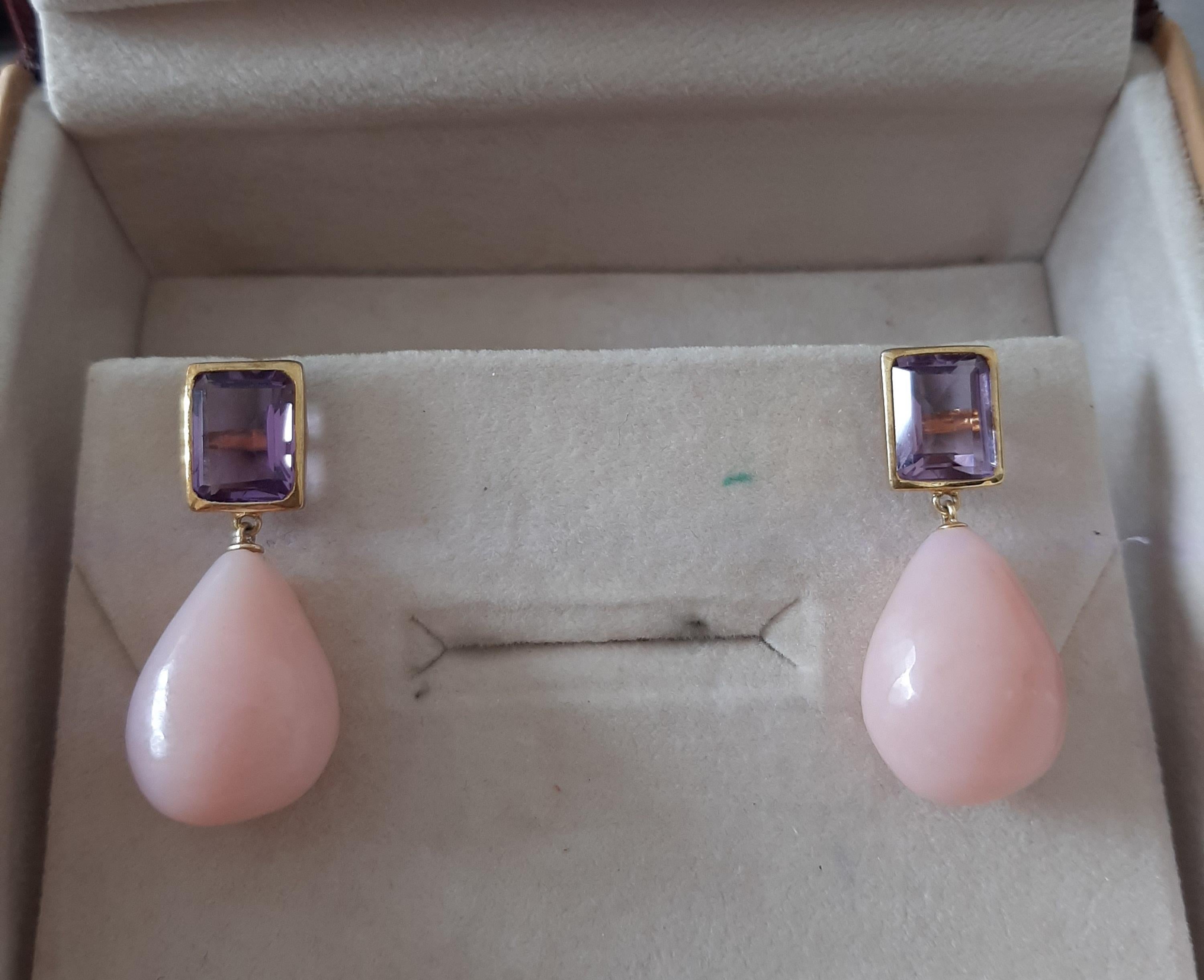 Améthyste à facettes en forme d'octogone Opale rose Gouttes d'eau en or jaune massif 14k en vente 2