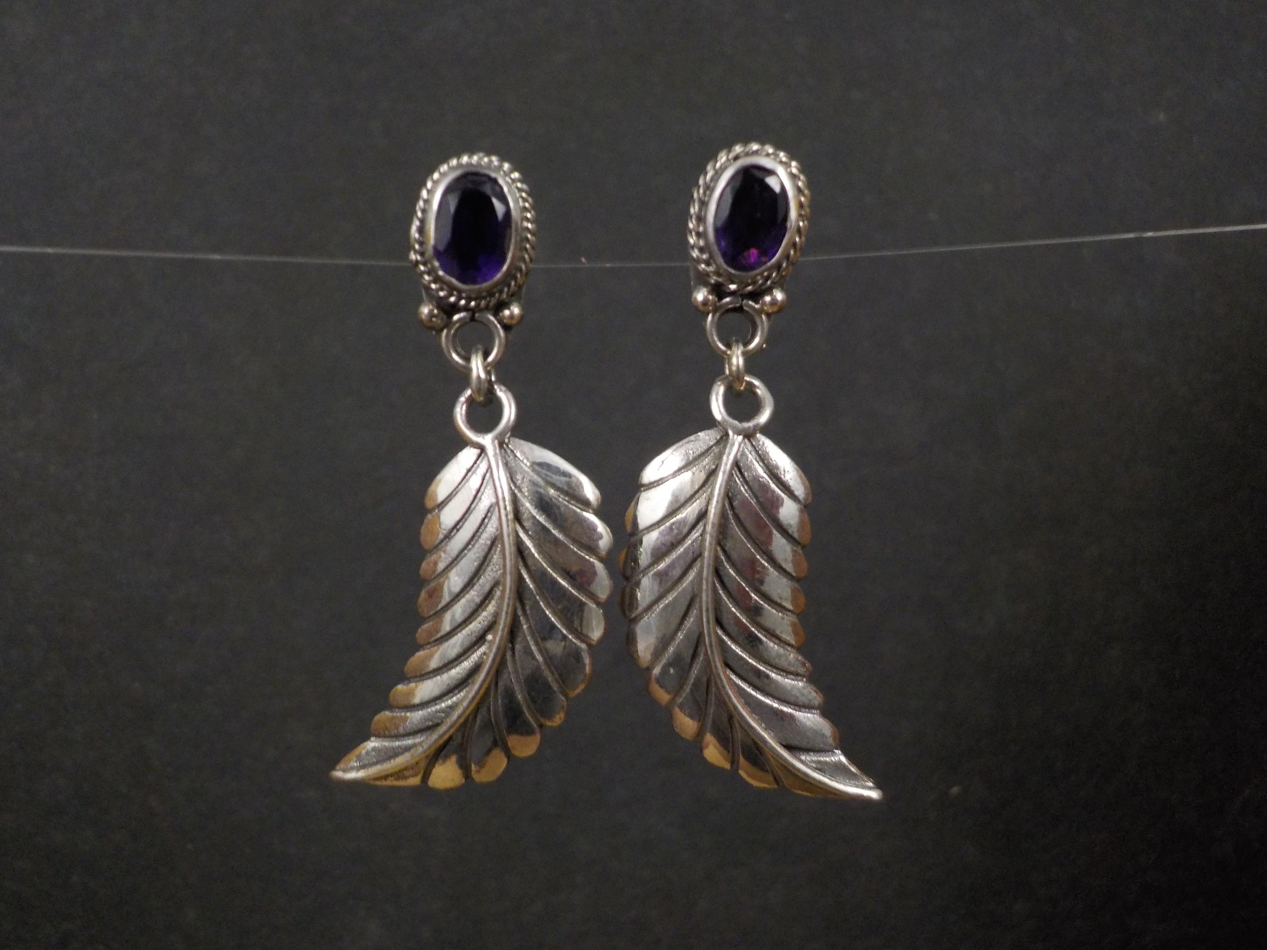 Native American Amethyst Feather Earrings Sterling Silver For Sale
