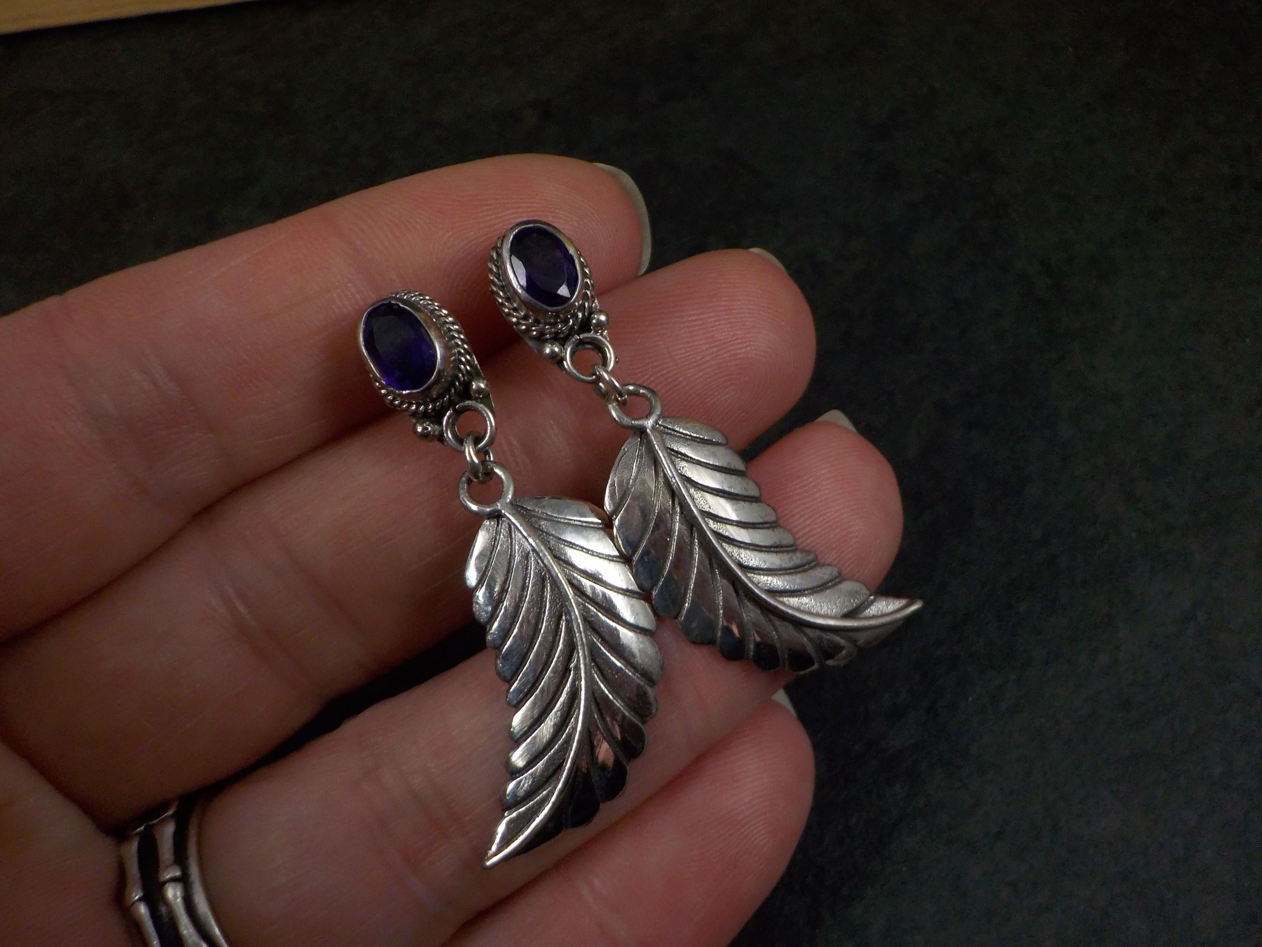 Amethyst Feather Earrings Sterling Silver In New Condition For Sale In Webster, SD