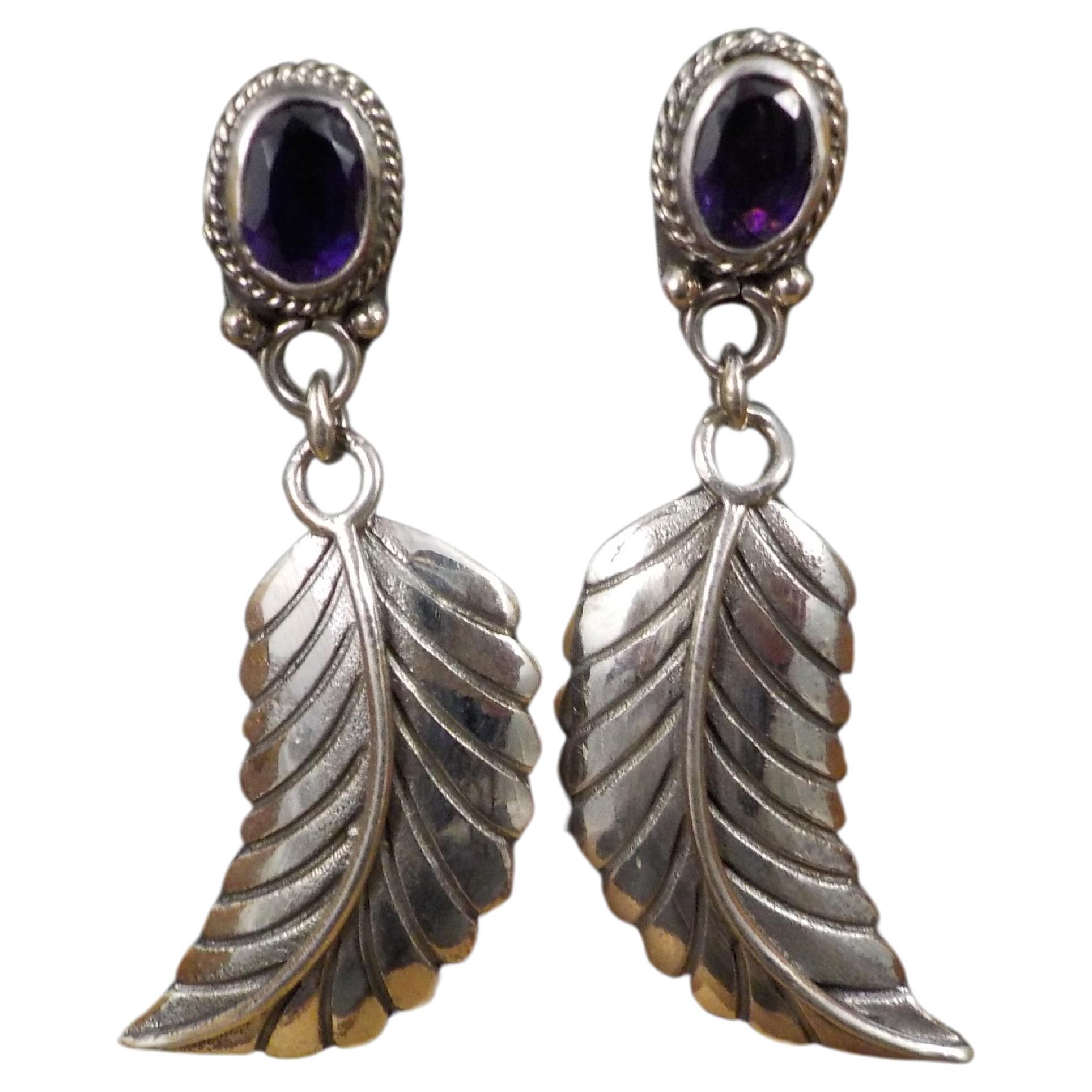 Amethyst Feather Earrings Sterling Silver For Sale