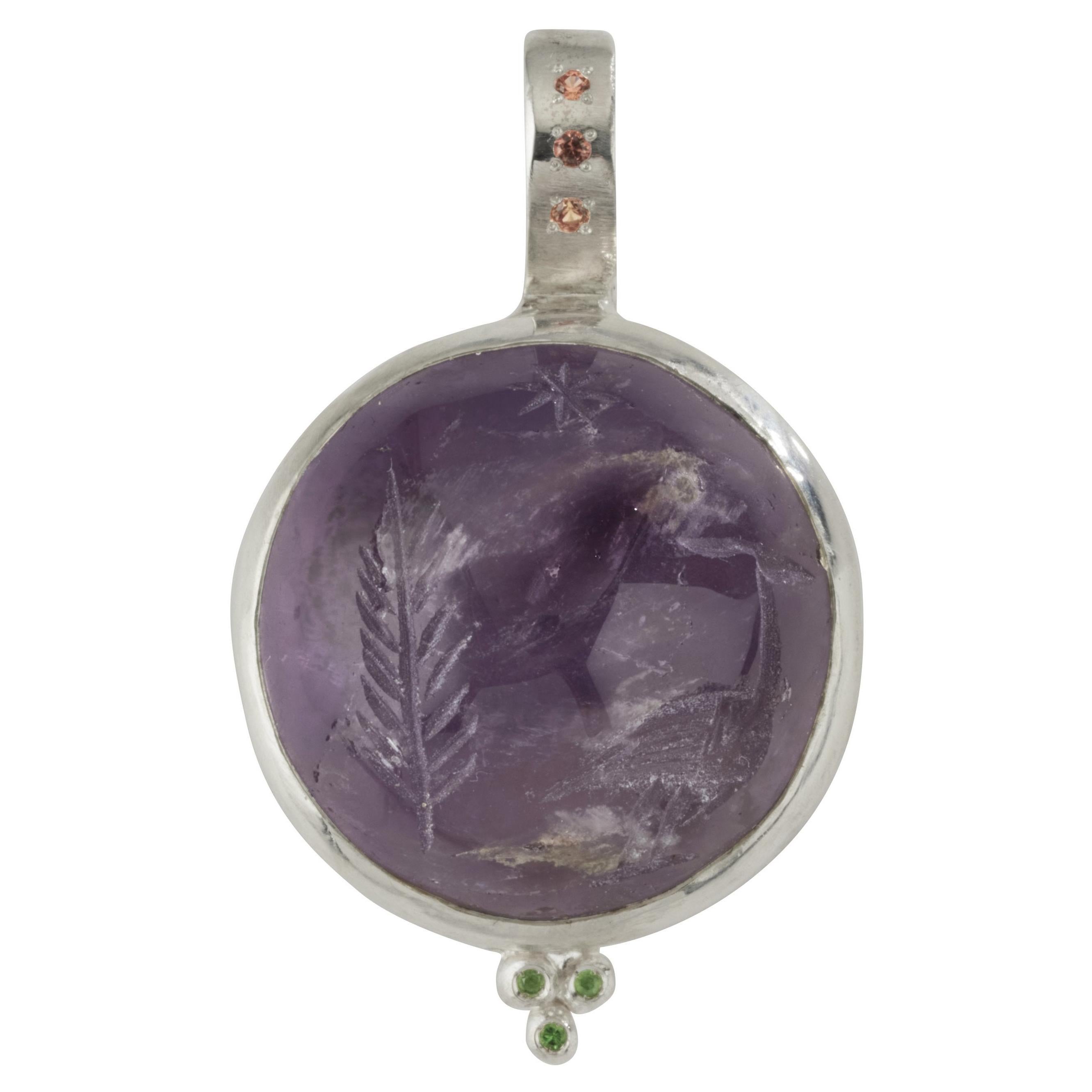 Amethyst Feather Pendant with Tsavorite Garnet and Sapphire, Sterling Silver For Sale