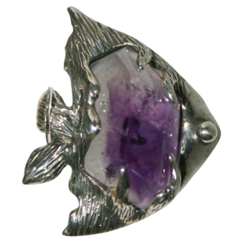 Amethyst fish silver ring 8 size For Sale