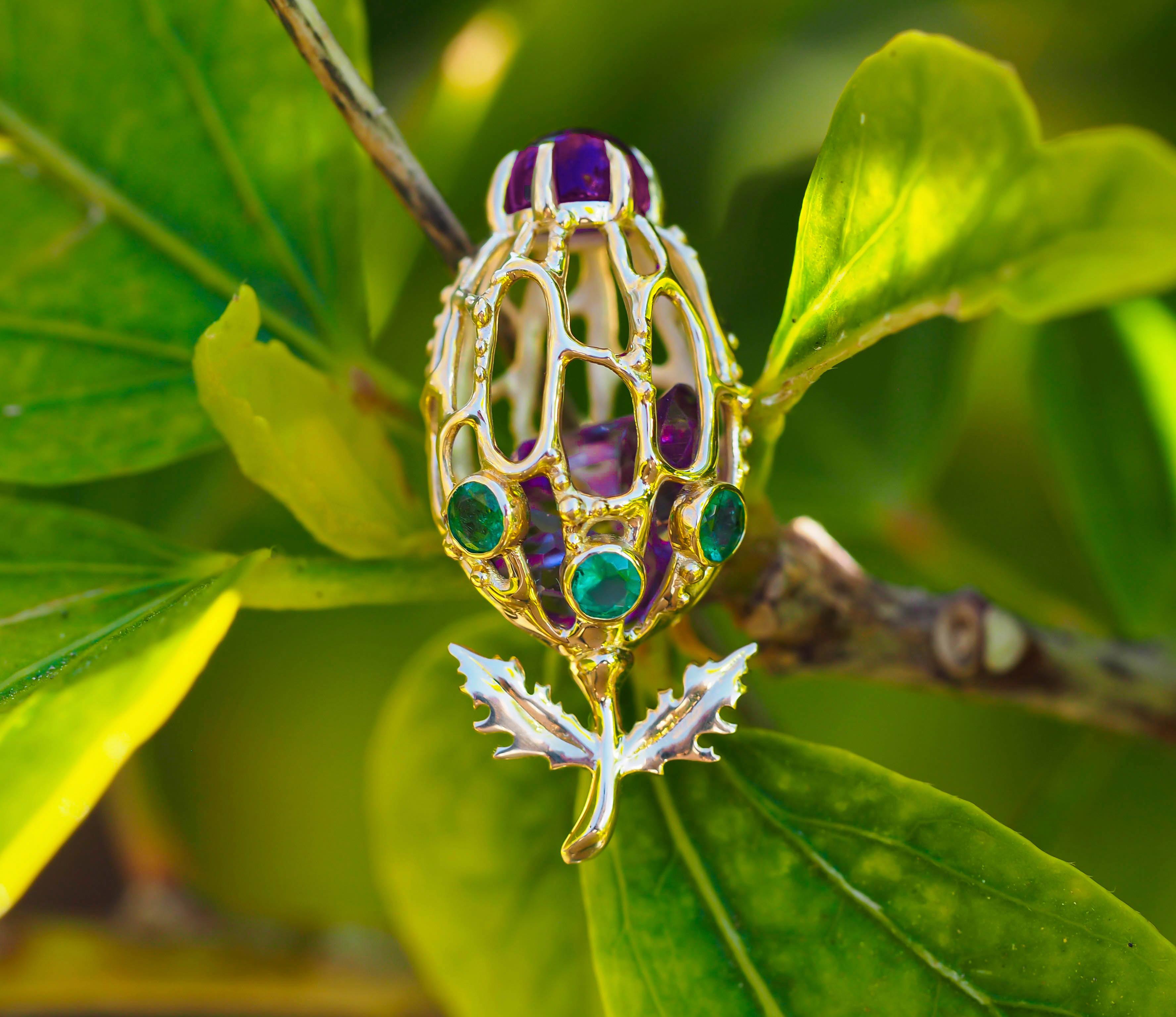 Amethyst Flower Bud Pendant. 
Amethyst, emeralds 14k gold pendant. Gold Leaves pendant. 
