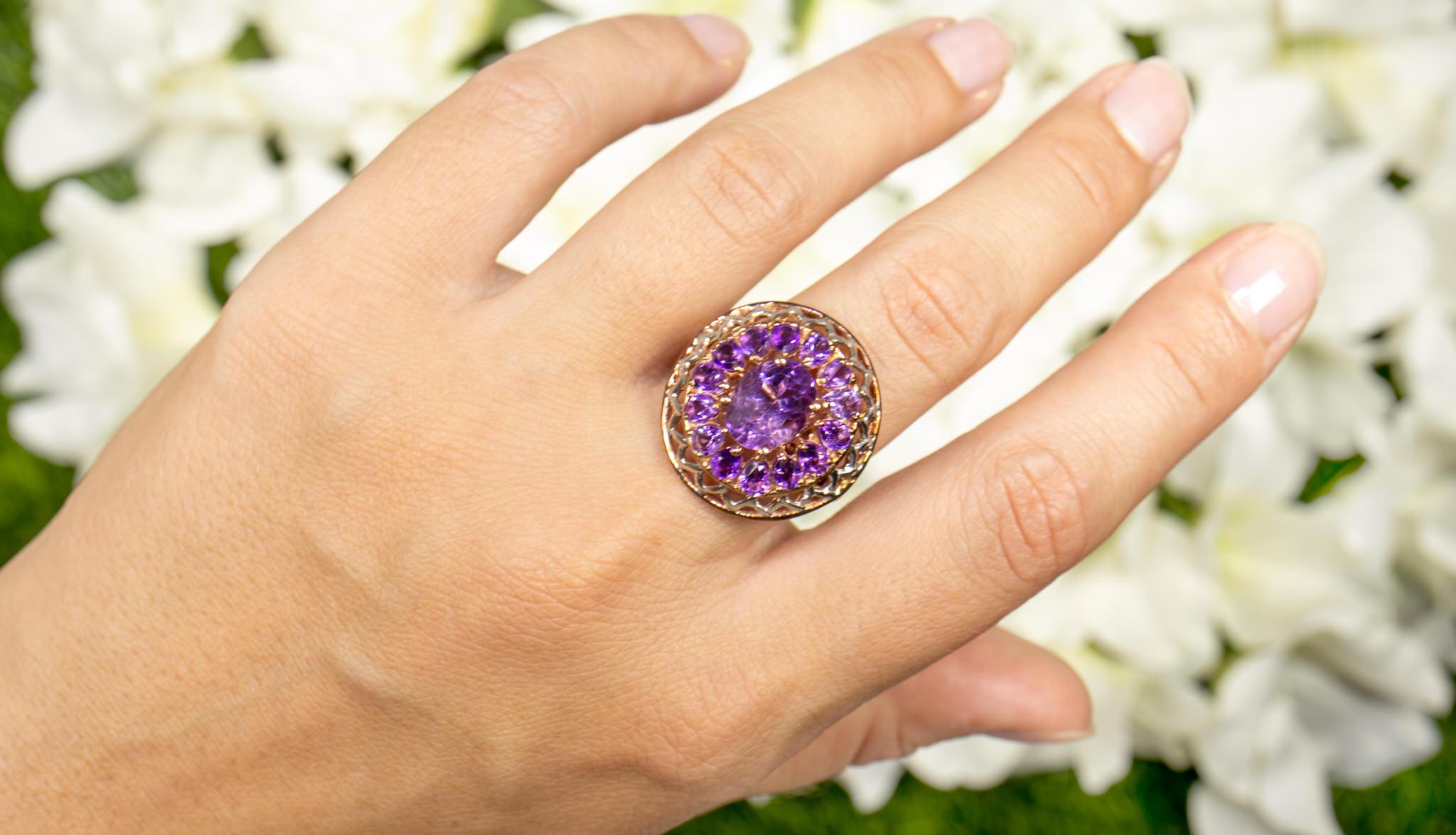 It comes with the Gemological Appraisal by GIA GG/AJP
All Gemstones are Natural in Origin
15 Amethysts = 4.29 Carats
Metal: 14K Rose Gold Plated Sterling Silver
Ring Size: 7* US
*It can be resized complimentary