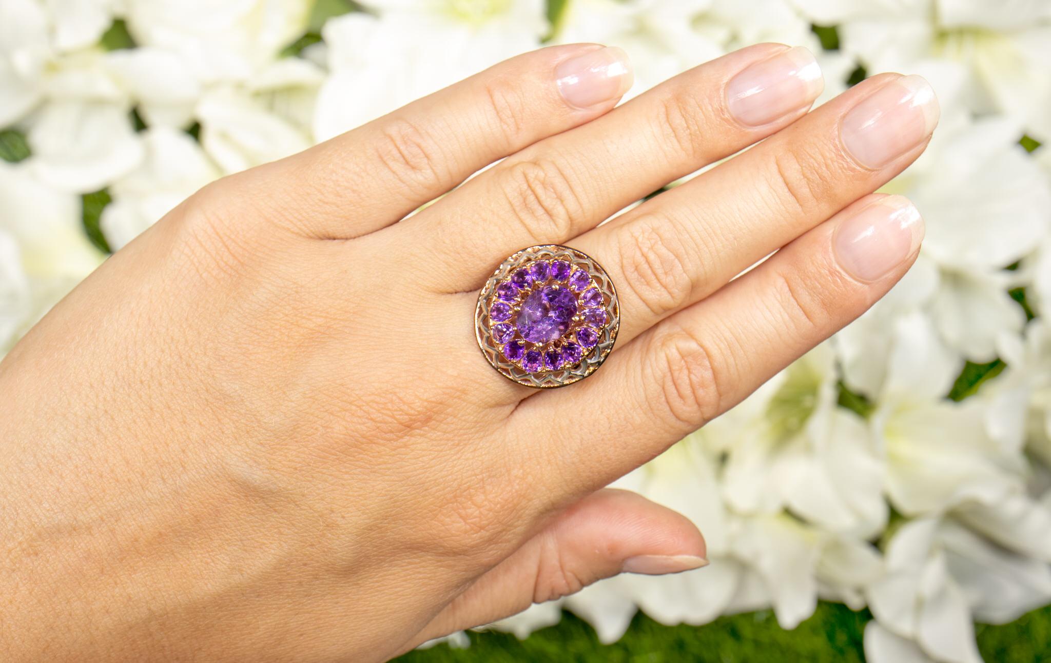 Contemporary Amethyst Flower Cocktail Ring 4.29 Carats 14K Rose Gold Plated Silver For Sale