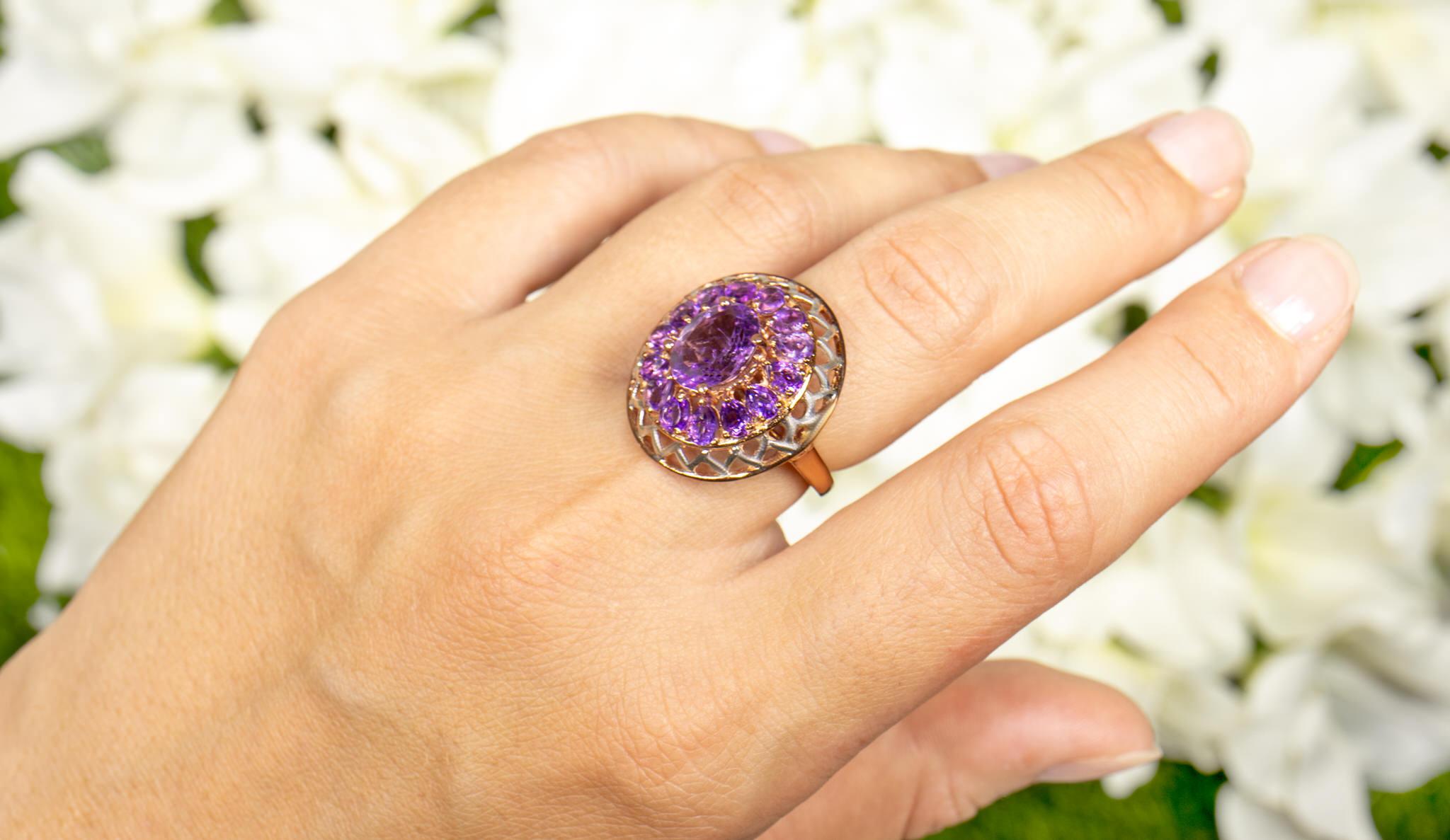 Mixed Cut Amethyst Flower Cocktail Ring 4.29 Carats 14K Rose Gold Plated Silver For Sale