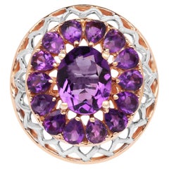Amethyst Flower Cocktail Ring 4.29 Carats 14K Rose Gold Plated Silver