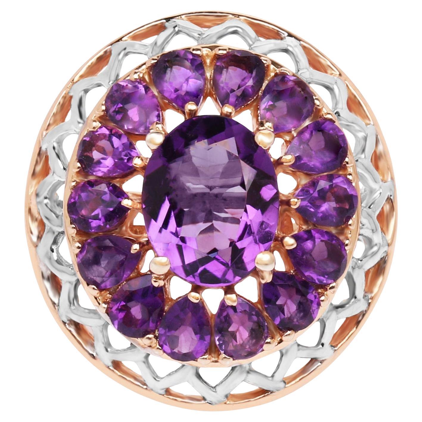 Amethyst Flower Cocktail Ring 4.29 Carats 14K Rose Gold Plated Silver