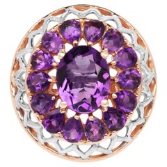 Amethyst Flower Cocktail Ring 4.29 Carats 14K Rose Gold Plated Silver