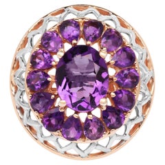 Amethyst Flower Cocktail Ring 4.29 Carats 14K Rose Gold Plated Silver
