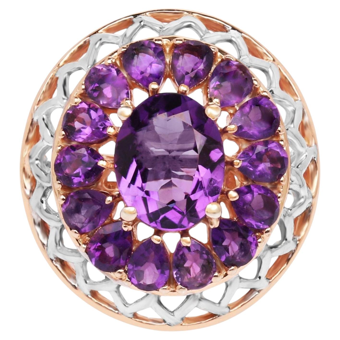 Amethyst-Blumen-Cocktailring 4,29 Karat 14K vergoldetes Silber