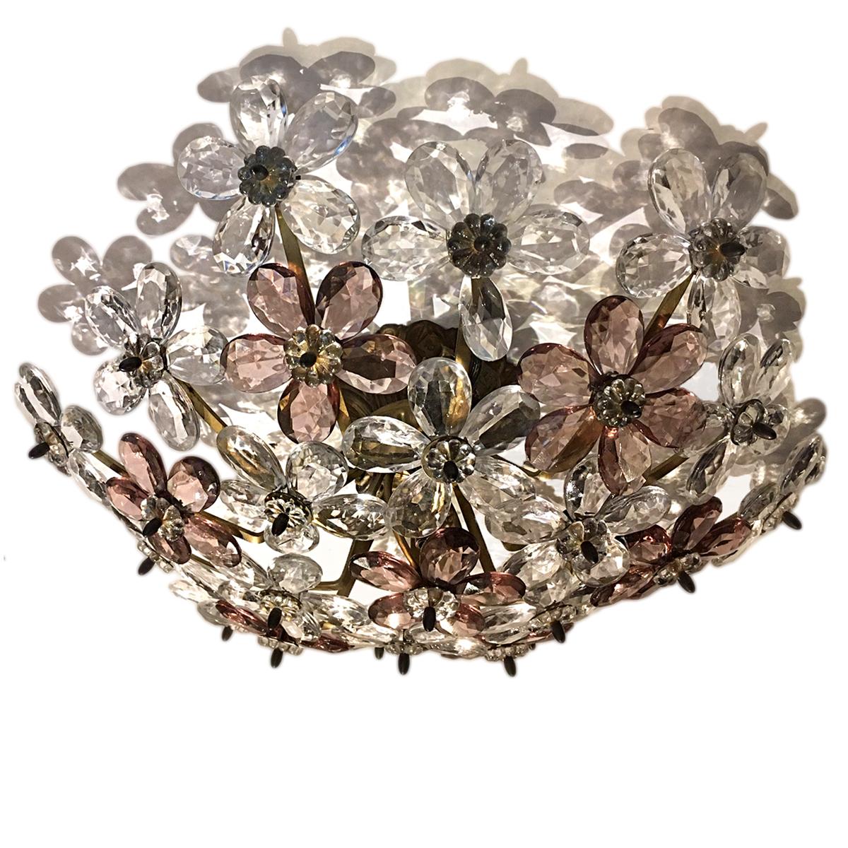 A circa 1940s French crystal flush mounted light fixture with clear and amethyst flowers and interior lights.

Measurements:
Diameter 16