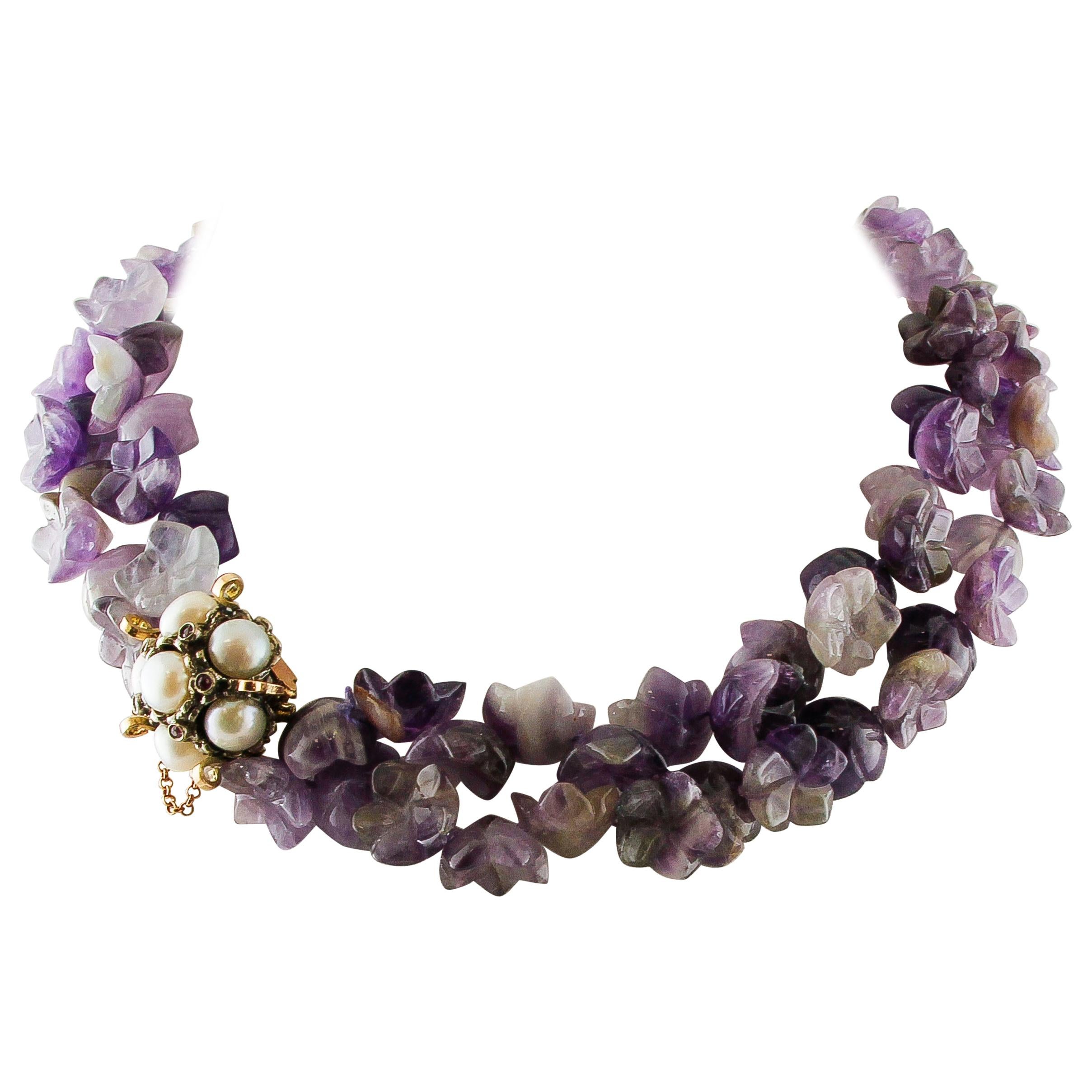 Amethyst Flower Double-Strands Necklace, Pearls, Rubies, Gold and Silver Clasp