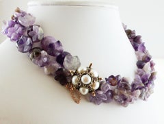 Amethyst Flower Double-Strands Necklace, Pearls, Rubies, Gold and Silver Clasp