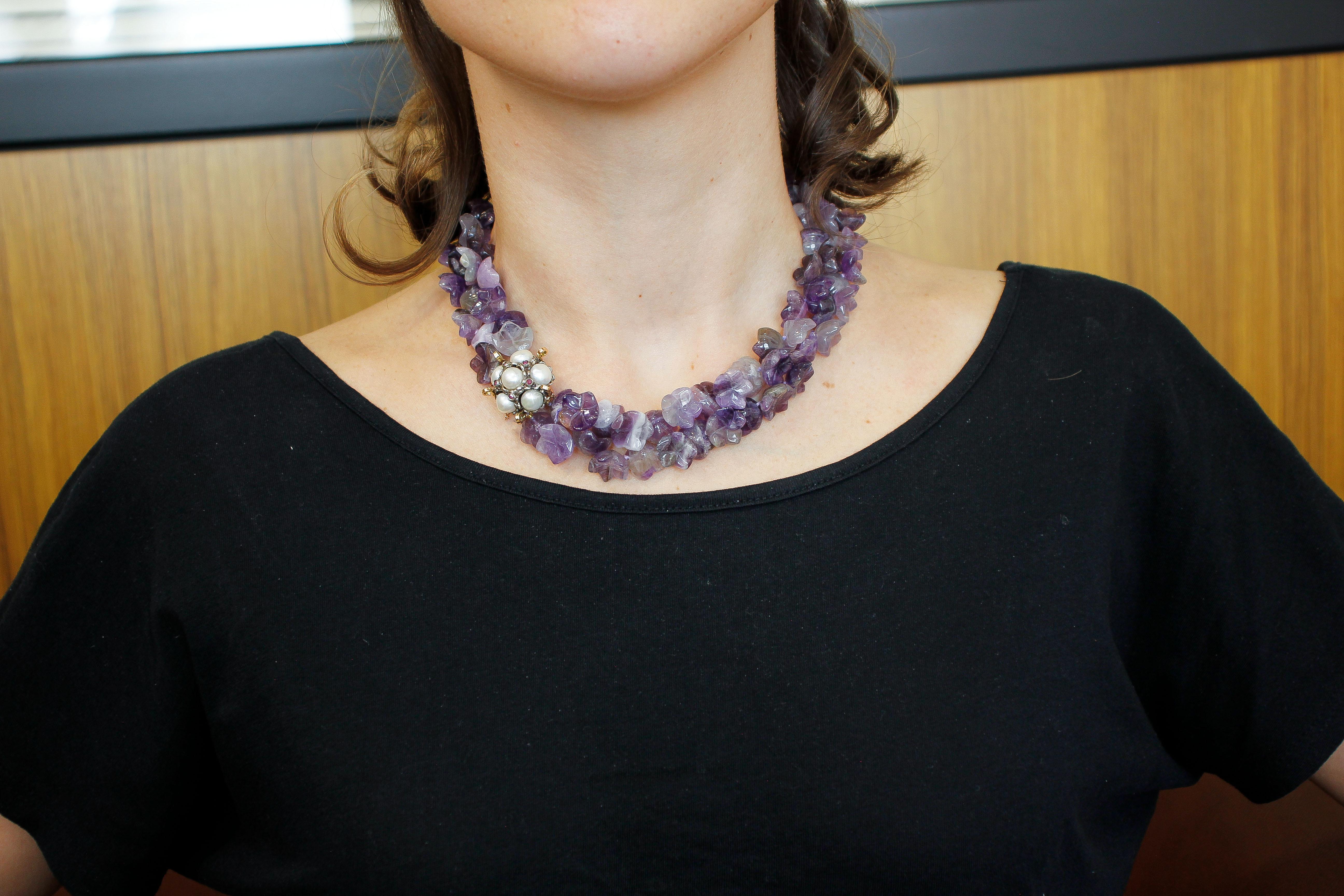 Round Cut Amethyst Flower Double-Strands Necklace, Pearls, Rubies, Gold and Silver Clasp