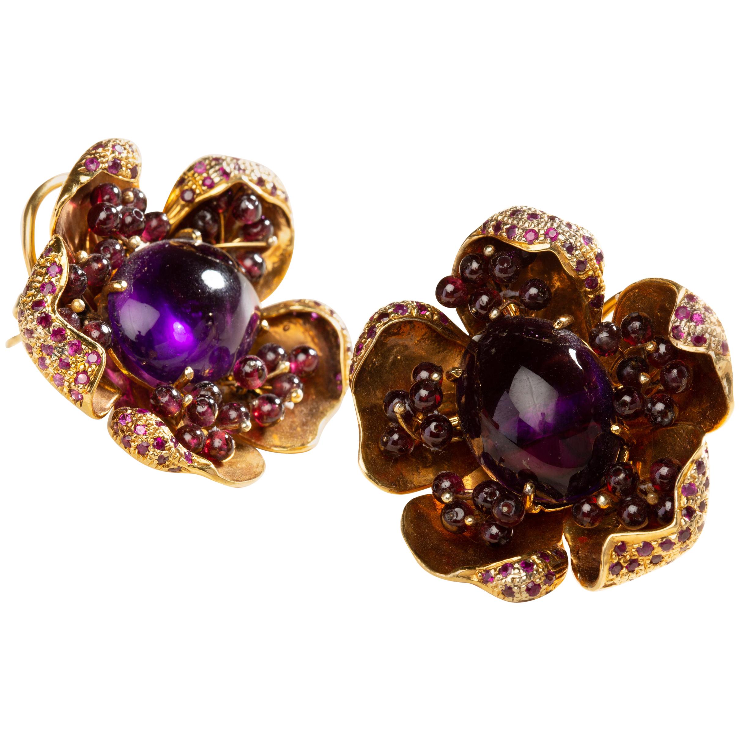 Amethyst Flower Earrings in Silver with 24 Karat Gold Vermeil and Gemstones For Sale